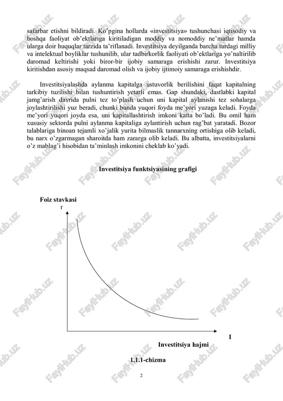 k faoliyati ob’ektlariga yo’naltirilib daromad keltirishi yoki biror-bir ijobiy samaraga erishishi zarur. investitsiya kiritishdan asosiy maqsad daromad olish va ijobiy ijtimoiy samaraga erishishdir. investitsiyalashda aylanma kapitalga ustuvorlik berilishini faqat kapitalning tarkibiy tuzilishi bilan tushuntirish yetarli emas. gap shundaki, dastlabki kapital jamg’arish davrida pulni tez to’plash uchun uni kapital aylanishi tez sohalarga joylashtirilishi yuz beradi, chunki bunda yuqori foyda me’yori yuzaga keladi. foyda me’yori yuqori joyda esa, uni kapitallashtirish imkoni katta bo’ladi. bu omil ham xususiy sektorda pulni aylanma kapitaliga aylantirish uchun rag’bat yaratadi. bozor talablariga binoan tejamli xo’jalik yurita bilmaslik tannarxning ortishiga olib keladi, bu narx o’zgarmagan sharoitda ham zararga olib keladi. bu albatta, investitsiyalarni o’z mablag’i hisobidan ta’minlash imkonini cheklab ko’yadi. investitsiya funktsiyasining grafigi foiz stavkasi r i investitsiya hajmi 1.1.1-chizma 3 investitsiya munosabatlarining davlat tomonidan tartibga solinishi huquqiy sharoitlar yaratish, ushbu faoliyatni yuritish uchun kafolatlar berish, bu faoliyat sub’ektlarini sug’urtalash va boshqa vositalar orqali ijtimoiy yoki davlat manfaatlarini …