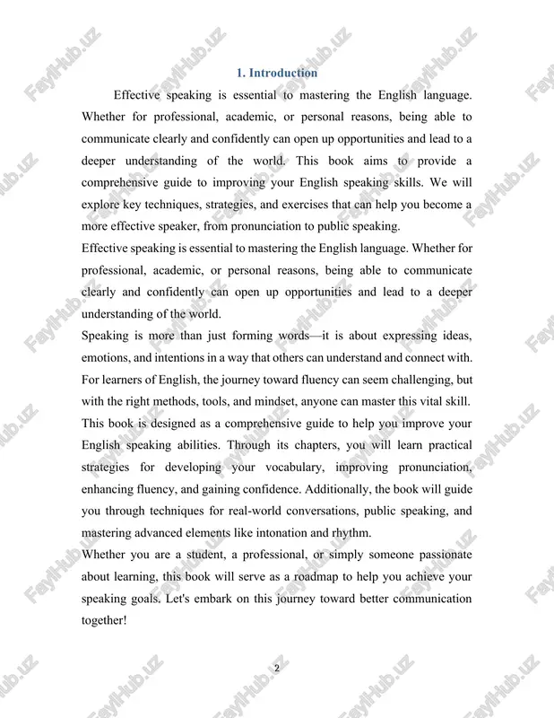 ersations, public speaking, and mastering advanced elements like intonation and rhythm. whether you are a student, a professional, or simply someone passionate about learning, this book will serve as a roadmap to help you achieve your speaking goals. let's embark on this journey toward better communication together! 2. chapter 1: understanding the basics of speaking skills speaking is one of the most important skills in any language, and english is no exception. in this chapter, we will explore the foundational aspects of speaking skills, including pronunciation, intonation, stress, and the role of confidence. understanding these basic principles will give you a solid foundation for becoming an effective speaker. speaking is one of the most critical skills in language learning. it serves as the foundation for effective communication and reflects a combination of your vocabulary, grammar, pronunciation, and confidence. to develop strong speaking skills, it is essential to first understand its …