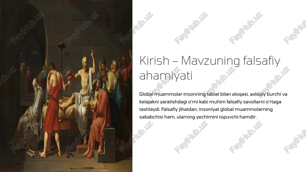 echimlar taklif qilishi kerak. iqlim etikasi – boy davlatlarning emissiya uchun javobgarligi. muammolarni hal qilish yo‘llari • xalqaro hamkorlik: davlatlar, tashkilotlar va fuqarolar o‘rtasida birgalikda harakat qilish. parij kelishuvi (iqlim o‘zgarishi). • texnologik innovatsiyalar: yangi texnologiyalar orqali muammolarni yumshatish. qayta tiklanadigan energiya manbalari. • ma’rifat va madaniyat: jamiyatning xabardorligini oshirish va iste’mol odatlarini o‘zgartirish. xulosa – nima uchun bu muhim? har bir insonning kichik harakatlari global muammolarga ta’sir qiladi. insoniyat o‘z taqdirini o‘zi belgilaydi – bu erkinlik ham, mas'uliyat ham. muammolar hozir hal qilinmasa, kelajakda ekzistensial xavfga aylanadi. falsafa bizni faqat o‘ylashga emas, harakat qilishga undashi kerak. savollar va muhokama sizningcha, qaysi global muammo eng dolzarb va nima uchun? insoniyat ekzistensial xavflarni yengishi mumkinmi? mavzuni chuqurroq o‘rganish uchun adabiyotlar: yuval noah harari – “21-asr uchun 21 saboq”, hans jonas – “mas'uliyat printsipi”. foydalanilgan adabiyotlar ro‘yxati 1. harari, yuval noah. “21-asr uchun 21 saboq” (2018): global muammolar, texnologiya va insoniyat kelajagi …