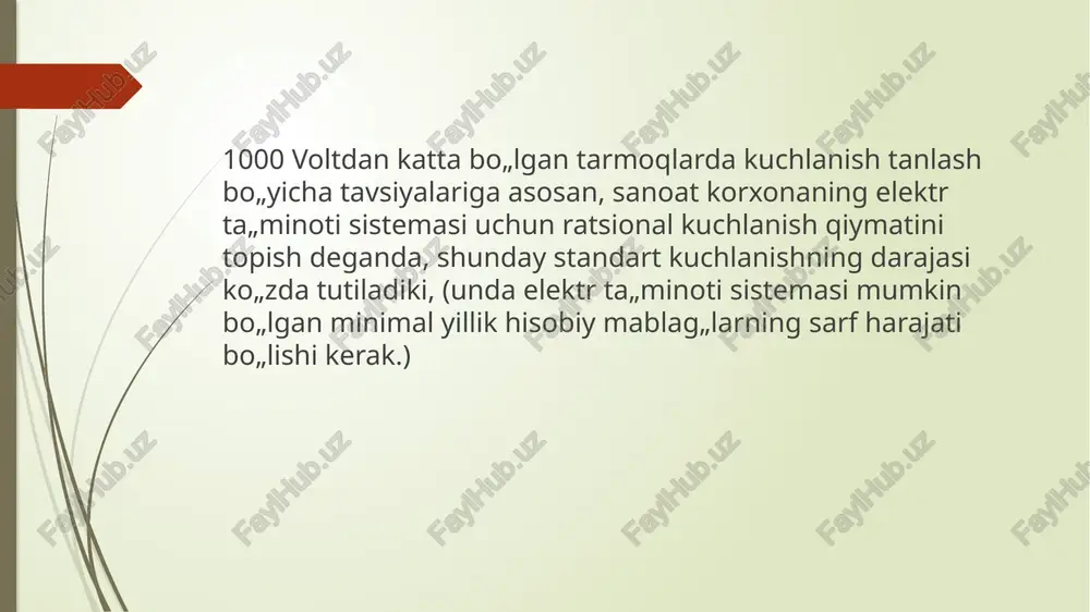 uchta toifalarga bo„linadi. i toifa elektr iste„molchilarida elektr ta‟minotidagi uzilishi kishilarning hayotini xavf ostiga qo„yadi, xalq xo„jaligi uchun katta zarar keltiradi, qimmatli qurilmalarni buzilishi va ko„plab xom-ash„yoni chiqitga chiqishiga, murakkab texnologik jarayonni uzoq vaqtga izdan chiqishiga, kommunal xo„jalikning eng muhim jabhalarida ishning buzilishga olib keladi. i toifali elektr iste„molchilar elektr energiyani kamida ikkita mustaqil ta„minlash manbalaridan olishlari kerak va ularning elektr ta„minotidagi uzilishi vaqti zaxiridagi manbani avtomatik ravishda ulashga ketadigan vaqt bilan belgilanadi mustaqil manba sifatida ikki elektr stansiyasi yoki podstansiyalarning taqsimlash qurilmalari ishlatilishi mumkin. toifali istemolchilaridan ayrimlari alohida guruh iste„molchilari turkumiga kiradi. ularni to„xtovsiz ishlashi ta„minlansa kishilar hayoti xavf ostida qolmaydi, portlashlar, yong„inlar sodir bo„lmaydi va qimmat baholi qurilmalar ishdan chiqmaydi. bularga, masalan kompressorlar, ventilyatorlar, nasoslar, yer osti konlaridan yuqoriga ko„taruvchi uskunalarining yuritmalari va avariya holatlarda ishlaydigan yoritish qurilmalari kiradi. bunday alohida guruh iste„molchilari uchun uchinchi qo„shimcha mustaqil ta„minlash manbasi bo„lishi kerak. toifali elektr istemolchilari, bunday elektr iste„molchilarining elektr …