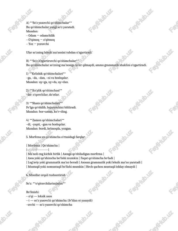 himchasi** –lar: o‘quvchilar, do‘stlar. 3) **shaxs qo‘shimchalari** fe’lga qo‘shilib, bajaruvchini bildiradi. masalan: bor+aman, ko‘r+ding. 4) **zamon qo‘shimchalari** –di, –yapti, –gan va boshqalar. masalan: bordi, kelmoqda, yozgan. 5. morfema va qo‘shimcha o‘rtasidagi farqlar | morfema | qo‘shimcha | |--------|-----------| | ma’noli eng kichik birlik | asosga qo‘shiladigan morfema | | asos yoki qo‘shimcha bo‘lishi mumkin | faqat qo‘shimcha bo‘ladi | | lug‘aviy yoki grammatik ma’no beradi | asosan grammatik yoki leksik ma’no yaratadi | | mustaqil yoki nomustaqil bo‘lishi mumkin | hech qachon mustaqil ishlay olmaydi | 6. misollar orqali tushuntirish so‘z: **o‘qituvchilarimizdan** bo‘linishi: – o‘qi — leksik asos – t — so‘z yasovchi qo‘shimcha (fe’ldan ot yasaydi) –uvchi — so‘z yasovchi qo‘shimcha – lar — ko‘plik qo‘shimchasi – imiz — egalik qo‘shimchasi – dan — kelishik qo‘shimchasi jami 6 ta morfema mavjud. xulosa morfema tilning eng kichik ma’noli birligi bo‘lib, so‘zning lug‘aviy va grammatik qurilishini belgilaydi. qo‘shimcha esa aynan asosga …
