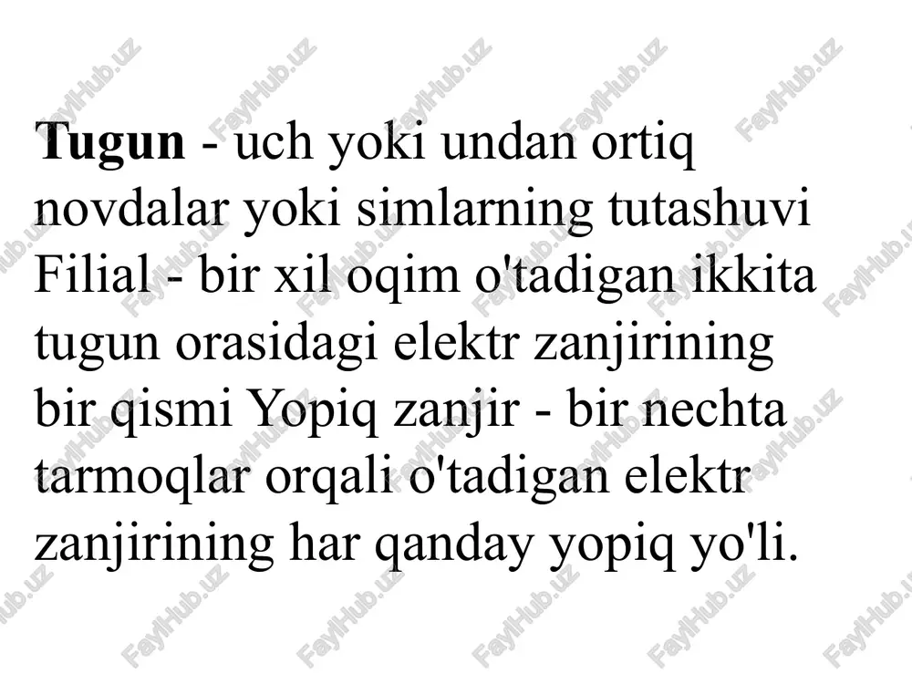 angan ikkita rezistor sifatida hisoblab chiqish mumkin. tarmoqlangan zanjirning barcha mustaqil tugunlari va sxemalari uchun yozilgan birinchi va ikkinchi kirxgof qoidalari birgalikda elektr zanjirini hisoblash uchun zarur va etarli miqdordagi algebraik tenglamalarni beradi. image1.png image2.png image3.jpeg /docprops/thumbnail.jpeg