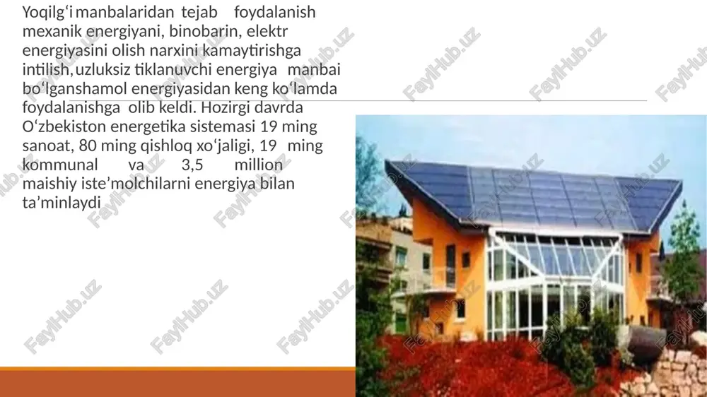 ganik xomashyo energiyalariga aylantirish muammolarini yechish, ularning qurilmalarini ishlab chiqish masalalari ko‘rib chiqildi. quyosh va shamol energiyasidan xalq xo‘jaligida samarali foydalanish maqsadida 1954-yil yuneskohindiston hamkorligida dehlida xalqaro simpozium o‘tkazildi. 1961-yil bmt rimda quyosh, shamol va geotermal qurilmalar energetika qurilmalarini takomillashtirish va undan xalq xo‘jaligida foydalanishni yanada kuchaytirish bo‘yicha navbatdagi xalqaro simpoziumni o‘tkazdi. 1972-yil nigeriyada, 1973-yil parijda “quyosh inson xizmatida” mavzusida xalqaro kongresslar o‘tkazildi. shamol energiyasi. insoniyat suv energiyasi hamda bug‘ dvigatellaridan ancha oldin, shamol energiyasidan foydalanib kelgan. angliya, germaniya, fransiya, daniya, gollandiya, aqsh va boshqa mamlakatlarda, shamol energiyasi juda katta masshtabda, sanoat va qishloq xo‘jaligida ko‘llanib kelingan. shamol energiyasidan foydalanish bo‘yicha olib borilayotgan xozirgi ishlar, alohida katta quvvatli shamol generatorlarini yaratish va ularning energiyasini ishlab turgan energiya tarmoqlariga ulash va asosiy tarmoq sifatida foydalanishdan iboratdir. shamol – bu quyosh nurining intensivligi hisobiga, bosimning o‘zgarib turishi natijasida havo massasining harakatidir. havo oqimi hosil qiladigan mexanik energiyani elektr energiyaga aylantirish, shamol elektrostansiyalari …