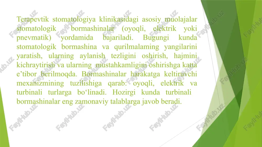 i tutqichlar. vazifasi:maxsus tarzda zygoma (yonoq suyak) va pterygoid (tomoq suyak) implantologiyasi uchun moʻljallangan. implant o‘rnatish jarayonida suyak tayyorlash (“osteotomy”), implantni joylashtirish va murakkab anatomik zonalarga (masalan, yuqori jag‘ suyaklari) kirishni osonlashtirish uchun ishlatiladi. nsk fx15m past tezlikda qarama-qarshi burchakli tutqich. vazifasi:tish yuza tozalash, abraziv materiallarni yo‘q qilish, polirovka, tish ichi integratsiyalash jarayonlari. yuqori tezlikli turbin bilan bajarish qiyin bo‘lgan joylarda masalan, yakuniy to‘ldirish (filling) ishlari, burgulari bilan nozikroq manipulyatsiyalar. qulayliki:past tezlik va yuqori moment bilan ishlash orqali nazorat yaxshi bo‘ladi, bu bemor uchun ham qulayroq. e’tiboringiz uchun rahmat image1.jpg image2.jpg image3.jpg image4.jpg image5.jpg image6.jpg image7.jpg image8.jpg image9.jpg /docprops/thumbnail.jpeg