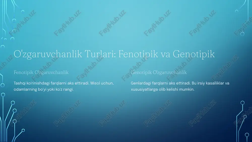 yaxlit bo‘ladi. barcha odamlarda (agar ular albinos bo‘lmasa) ultrabinafsha nurlar ta’sirida melanin pigmenti to‘planishi tufayli terisi qoramtir tusga o‘tadi. shunday qilib, tashqi muhitning ma’lum ta’sirida organizmlarning har bir turi o‘ziga xos o‘zgarishlarga duch keladi va bunday o‘zgarishlar shu tur vakillarining barchasi uchun bir xilda bo‘ladi. shu bilan birga, tashqi muhit sharoitlari ta’sirida belgilarning o‘zgarishlari chegarasiz emas. belgilarning xilma­xillik darajasi yoki o‘zgaruvchanlik chegaralari reaksiya normasi deb ataladi. reaksiya normasining kengligi genotip bilan aniqlanadi va organizm hayot faoliyatidagi belgilarining ahamiyatiga bog‘liq. reaksiya normasining torligi bosh miya yoki yurak kattaligi kabi muhim belgilarga xosdir. shuningdek, organizmdagi yog‘ miqdori juda keng doirada o‘zgaruvchan bo‘ladi (sut tarkibidagi yog‘ miqdori qoramol zotiga, genotipiga bog‘liq). hasharotlar yordamida changlanadigan o‘simliklar guli kamdan­kam hollarda o‘zgaradi, lekin barglarining kattaligi juda o‘zgaruvchan bo‘ladi. inson uchun foydali bo‘lgan o‘simliklar, hayvonlar, mikroorganizmlarni olish uchun modifikatsion o‘zgaruvchanlikning reaksiya normasini bilish seleksiya amaliyotida katta ahamiyatga ega. ayniqsa, qishloq xo‘jaligida yangi sermahsul zot va navlarni yaratishdan …