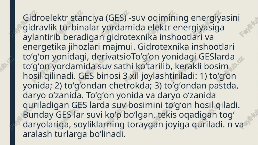 uv turbinaning ish gʻildiragini, unga oʻrnatilgan oʻqni va oʻq bilan biriktirilgan generatorni aylantirishi natijasida elektr energiya hosil boʻladi. elektr energiya maxsus qurilmalar vositasida isteʼmolchilarga yebir necha avtomatlashtirilgan ges lar uzoqdan turib (qoʻshni ges dan yoki energosistemaning boshqarish pultidan) boshqariladi. gesning belgilangan quvvatiga koʻra kam (5 mvt gacha), oʻrta (5—25 mvt) va katta (25 mvt dan yuqori) quvvatli xillarga boʻlinadi. daryoning energetika resurslaridan toʻlaroq foydalanish uchun ges lar kaskad tarzida, yaʼni daryo oqimi boʻyicha maʼlum masofada joylashtiriladi. tkazib beriladi. hozir barcha ges larning ishi avtomatlashtirilgan. bunday ges kaskadlariga oʻzbekistondagi toshkent (boʻzsuv, boʻrijar, oqtepa, shayxontohur ges lari); qodriya (qodriya, qibray, salar, oqqovoq-2); chirchiq (tovoqsoy, oqqovoq); quyi boʻzsuv (ges-14, ges-18, ges-19, ges-22, ges-23); oʻrta chirchiq (chorvoq, hojikent, gʻazalkent); shahrixon (ges5a, ges-6a, ges-yufk-1, ges-4a yufk-3); samarkand (ges-1b, ges2b, ges-zb, ges-5b) ges kaskadlari kiradi. ges lar ichida gidroakkumulyatsiyalovchi elektr stansiya (gaes) va koʻtarilish suv elektr stansiya (pes) alohida oʻrin tutadi. gaes lar yirik energetik tizimlarda …