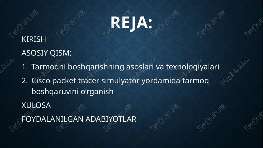 tarmoqlarining rivojlanishiga katta hissa qoʻshgan.1969-yilda arpanet ning dastlabki toʻrtta tugunlarilos-anjelesdagi kaliforniya universiteti, stenford tadqiqot instituti, santa-barbaradagi kaliforniya universiteti va yuta universiteti oʻrtasida 50 kbit/s sxemalar yordamida ulangan. asosan bob kan tomonidan ishlab chiqilgan boʻlib, tarmoqni marshrutlash, oqimni boshqarish, dasturiy taʼminot dizayni va tarmoqni boshqarish bolt beranekva nyuman uchun ishlaydigan imp jamoasi tomonidan ishlab chiqilgan. 1970-yillarning boshidaleonard klaynrokarpanet ning rivojlanishiga asos boʻlganpaketli kommutatsiyalangan tarmoqlarningishlashini modellashtirish boʻyicha matematik ishlarni amalga oshirdi. uning 1970-yillarning oxirida talabafaruk kamounbilan ierarxik marshrutlash boʻyicha nazariy ishi bugungi kunda internetning ishlashi uchun muhim boʻlib qolmoqdaqurilma: a) oxirgi qurilmalar (kompyuter, telefon, printer, faks va h.k);vosita (ulanish usuli):1)mis (med) kabel:2)simmetrik -parali kabellar;3)koaksial4)bir modali magistralda ishlatiladi;5)ko'p modali –lokal tarmoqda ishlatiladi; tarmoq boshqaruv tizimlari va ularning vazifalaritarmoq boshqaruv tizimlari (nms —network management system) tarmoq resurslarini kuzatish, boshqarish va muammolarni aniqlash uchun ishlatiladi. nms vositalari tarmoqning samarali ishlashini ta'minlaydi va foydalanuvchilarga qulay interfeys orqali ma'lumot beradi.tarmoq xavfsizligi kompyuter tarmogʻi va uning tarmoqdan foydalanish …