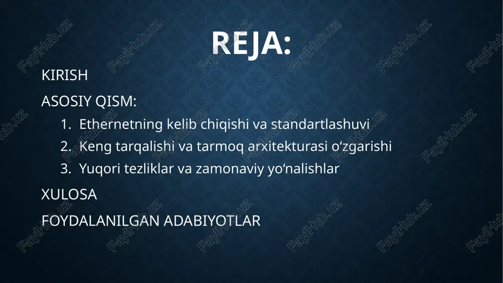 hlaydi (multiple access), agar to‘qnashuv yuz bersa, uni aniqlab (collision detection) uzatishni to‘xtatadi va eksponentsial orqaga chekinish (binary exponential backoff) algoritmi bo‘yicha tasodifiy kechikishdan so‘ng qayta urinadi. 10 mbit/s tezlikda ishlaydigan ilk ethernet manchester kodlashidan foydalandi, bu esa tashqi sinxronizatsiya signalisiz ham qabul qiluvchi tomonda soatni tiklash imkonini berdi. dix spetsifikatsiyasi va “ethernet ii” kadr formati1979–1980-yillarda dec, intel va xerox kompaniyalari hamkorlikda dix konsortsiumini tuzib, ethernetni keng bozor uchun hujjatlashtirdilar. dix spetsifikatsiyasi ko‘pincha “ethernet ii” deb nomlanadi va u bugungi kungacha amaliyotda keng qo‘llanadigan type/length maydonining “type” talqinini, ya’ni ethertype identifikatorlarini (masalan, ipv4 uchun 0x0800) mustahkamladi. kadr tuzilmasi quyidagicha shakllandi: 7 baytli preambula, 1 baytli sfd, 6 baytli manzil maydonlari (mac manzillar), 2 baytli type/length, 46–1500 baytli foydali yuk va 4 baytli fcs (crc-32). kadrlar orasidagi interframe gap 9,6 μs etib belgilandi. 48 bitli mac manzillash modeli global unikal identifikatsiyani ta’minlab, kanalda muvofiqlik va boshqaruvni soddalashtirdi. ieee 802 komiteti va …
