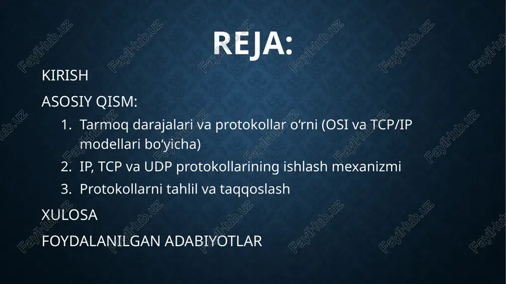 n control protocol/internet protocol) modellari asosida tushuntiriladi. osi modeliosi modeli — xalqaro standart sifatida iso tashkiloti tomonidan ishlab chiqilgan bo‘lib, tarmoq orqali ma’lumot uzatish jarayonini etti darajaga ajratadi. ushbu modelning maqsadi turli tizimlar orasida aloqa o‘rnatish uchun yagona tuzilma yaratishdan iborat.osi modelining darajalari quyidagicha:fizik daraja (physical layer) — ma’lumotlarni elektr yoki optik signallar ko‘rinishida uzatishni ta’minlaydi.kanal darajasi (data link layer) — tugunlar o‘rtasidagi aloqani tashkil etadi va xatoliklarni aniqlash hamda tuzatish funksiyasini bajaradi.tarmoq darajasi (network layer) — paketlarni manzillash, marshrutlash va yetkazish jarayonini boshqaradi.transport darajasi (transport layer) — ma’lumotlarni segmentlarga ajratadi, uzatish ishonchliligini ta’minlaydi.sessiya darajasi (session layer) — tarmoqdagi qurilmalar o‘rtasida sessiyalarni o‘rnatish, boshqarish va yakunlashni amalga oshiradi.taqdimot darajasi (presentation layer) — ma’lumotlarni kodlash, siqish va shifrlash jarayonlarini bajaradi.ilova darajasi (application layer) — foydalanuvchi dasturlari bilan to‘g‘ridan-to‘g‘ri o‘zaro aloqani ta’minlaydi. tcp/ip modelitcp/ip modeli amaliyotda keng qo‘llaniladigan, internet arxitekturasining asosi hisoblanadi. bu model to‘rtta asosiy darajadan iborat:tarmoq interfeysi darajasi (network interface …