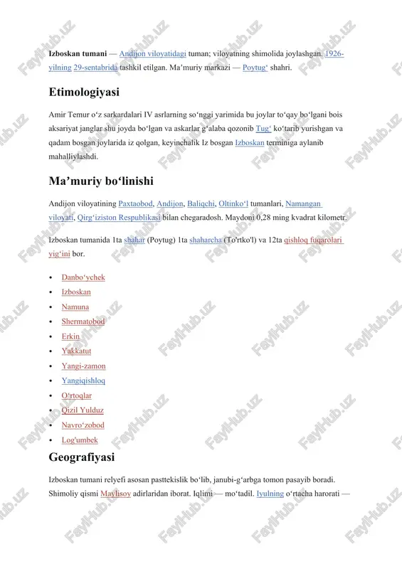 toʻngʻiz, yovvoyi echki, kemiruvchilardan suv kalamushi, qushlardan kabutar, tustovuq, oʻrdak, gʻoz, laylak, kaklik, bedana, qorabovur, burgut, boyoʻgʻli, qaldirgʻoch, chumchuq, bulbul, zogʻcha, qargʻa, hakka va boshqalar yashaydi. aholisi tuman aholisi — 258,2 ming kishi. aholisining aksar qismi — oʻzbeklar (99,7%). 1 kilometr kvadratga oʻrtacha 670 kishi toʻgʻri keladi[2]. ta'lim 50 ga yaqin umumiy taʼlim maktabida qariyb 40 ming oʻquvchi, kasb-hunar va biznes maktabida 670 oʻquvchi, 2 ta litsey-internatda 236 oʻquvchi, tasviriy sanʼat litsey-internatida 312 oʻquvchi, 1 gimnaziyada 300 dan ziyod oʻquvchi taʼlim olmoqda. tumanda bank boʻlimi, markaziy kutubxona, 35 dona jamoat kutubxonasi, musiqa maktabi, markaziy madaniyat uyi, 2 dona avtoklub, «oltin soz» xalq ansambli, oʻlkashunoslik muzeyi ishlab turibdi. tibbiyot sohasidagi statistika 4 ta 620 oʻrinli shifoxona 20 oʻrinli xususiy shifoxona, 8 ta qishloq vrachlik shoxobchasi, 8 ta vrachlik ambulatoriyasi, 38 ta feldsher-akusherlik shoxobchasi va b. faoliyat koʻrsatmoqda. jami 275 nafar vrach va oʻrta maʼlumotli tibbiy xodim ishlaydi. 1929-yildan «paxtakor» nashr etiladi …