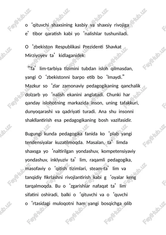 aviy ta’lim tizimi faqat bilim berish emas, balki tarbiyaviy, ma’naviy, estetik va psixologik jihatdan sog‘lom shaxsni shakllantirishni ham o‘z ichiga oladi. shu sababli bugungi pedagoglar nafaqat fan bilimdoni, balki psixolog, yetakchi, motivator va hayot yo‘lini ko‘rsatuvchi murabbiy sifatida faoliyat yuritmoqdalar. pedagogikaning rivojlanishida milliy qadriyatlar va umuminsoniy yondashuvlar uyg‘unligi ham alohida o‘rin tutadi. o‘zbekiston sharoitida bu jarayon “inson manfaatlari ustuvor” tamoyiliga asoslanadi. yangi avlod o‘qituvchilari innovatsion fikrlaydigan, axborot texnologiyalarini puxta egallagan, kreativ va mustaqil qaror qabul qila oladigan mutaxassis sifatida shakllanmoqda. shunday qilib, pedagogikaning taraqqiyot tendensiyalarini o‘rganish — nafaqat nazariy, balki amaliy ahamiyatga ega masaladir. bu yo‘nalish o‘qituvchilar faoliyatining mazmunini yangilash, ta’lim sifati va samaradorligini oshirish, o‘quvchilarning ijodiy salohiyatini ro‘yobga chiqarish uchun muhim ilmiy asos bo‘lib xizmat qiladi. s – kuchli tomonlar (strengths): 1. ta’limda innovatsion texnologiyalar (onlayn darslar, raqamli platformalar) keng joriy etilmoqda. 2. pedagogik jarayonlarda shaxsga yo‘naltirilgan yondashuv kuchaymoqda. 3. o‘qituvchilarning kasbiy mahoratini oshirish tizimi takomillashmoqda. 4. ta’lim mazmuni …