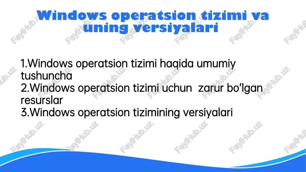 iklash va zaxira funksiyalarini taqdim etdi. ammo tizimning barqarorligi pastligi bois ommaviylashmagan. windows 2000 professional va korporativ foydalanuvchilar uchun yaratilgan. u windows nt asosida ishlab chiqilib, barqarorligi va xavfsizligi bilan ajralib turdi. tarmoq qo‘llab-quvvatlashi va xavfsizlik imkoniyatlari kuchaytirildi. template.wps.com windows xp 2001 yilda chiqarilgan mashhur versiya. foydalanuvchilar uchun qulay dizayni, barqaror ishlashi va keng dasturiy qo‘llab-quvvatlashi bilan suvishgan. u uzoq vaqt davomida eng ko‘p ishlatiladigan tizim bo‘ldi windows vista 2007 yilda taqdim etilgan, ko‘zga ko‘ringan xavfsizlik yangilanishlari va aero grafik interfeysi bor edi. biroq, tizim resurs talab qiluvchi bo‘lib, ko‘plab foydalanuvchilar tomonidan tanqid qilingan. . windows 7 vista muammolarini bartaraf etgan versiya. tezroq, barqaror, hamda yanada qulay interfeysga ega bo‘lib, windows xp’ning merosini davom ettirgan. 11. windows 8 2012 yilda chiqdi, u sensorli ekranga moslashtirilgan yangi start ekrani bilan tanildi. an’anaviy start menyusining yo‘qolishi ko‘plab foydalanuvchilar uchun qulay emas edi. windows 8.1 windows 8 ning takomillashgan versiyasi bo‘lib 2013 yilda …