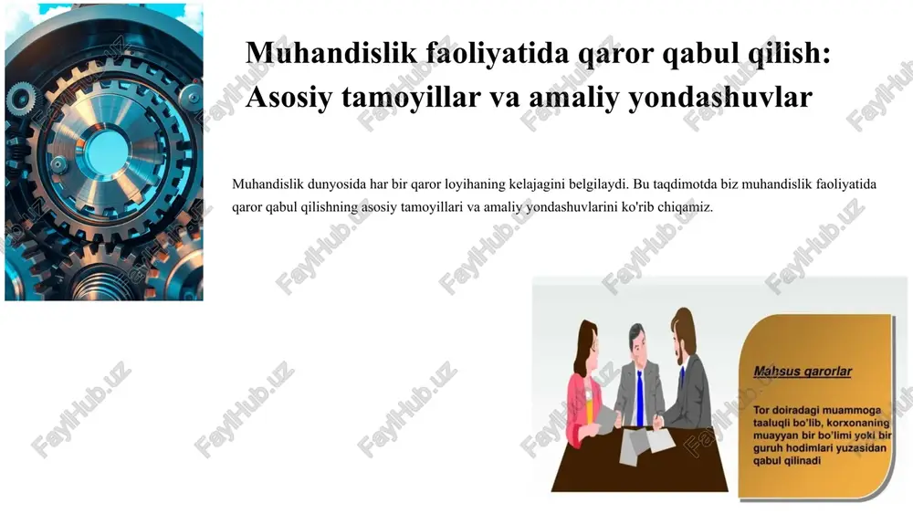 muntazam nazorat qilib borish. 5 optimal dizayn tanlash: misol va yondashuvlar muhandislikda optimal dizaynni tanlash har doim murakkab jarayon bo'lib, bir qancha omillarni hisobga olishni talab qiladi. misol uchun, tuzilmaning eng kam og'irlikda loyihalashtirilishi materialni tejashga olib keladi. rivojlangan hisoblash usullari: no-lineer dasturlash va aralash algoritmlar yordamida eng samarali yechimlar topiladi. texnik va iqtisodiy ko'rsatkichlarni solishtirish: loyihaning texnik imkoniyatlari bilan birga uning iqtisodiy samaradorligi ham baholanadi. 6 qaror qabul qilishda zamonaviy texnologiyalar roli kompyuter modellashtirish va simulyatsiya loyihalarni virtual muhitda sinovdan o'tkazish xatolarni kamaytiradi va optimal yechimlarni topishga yordam beradi. ma'lumotlarga asoslangan tahlillar sun'iy intellekt va big data yordamida katta hajmdagi ma'lumotlarni tahlil qilish, aniq va tez qarorlar qabul qilish imkonini beradi. loyihaning samaradorligini oshirish texnologik yechimlar loyihaning xavfsizligi va umumiy samaradorligini sezilarli darajada oshiradi. 7 amaliy misol: samarqand davlat arxitektura-qurilish universiteti loyihalari samarqand davlat arxitektura-qurilish universiteti talabalari va mutaxassislari tomonidan qabul qilingan qarorlar asosida ko‘plab innovatsion qurilish loyihalari amalga …