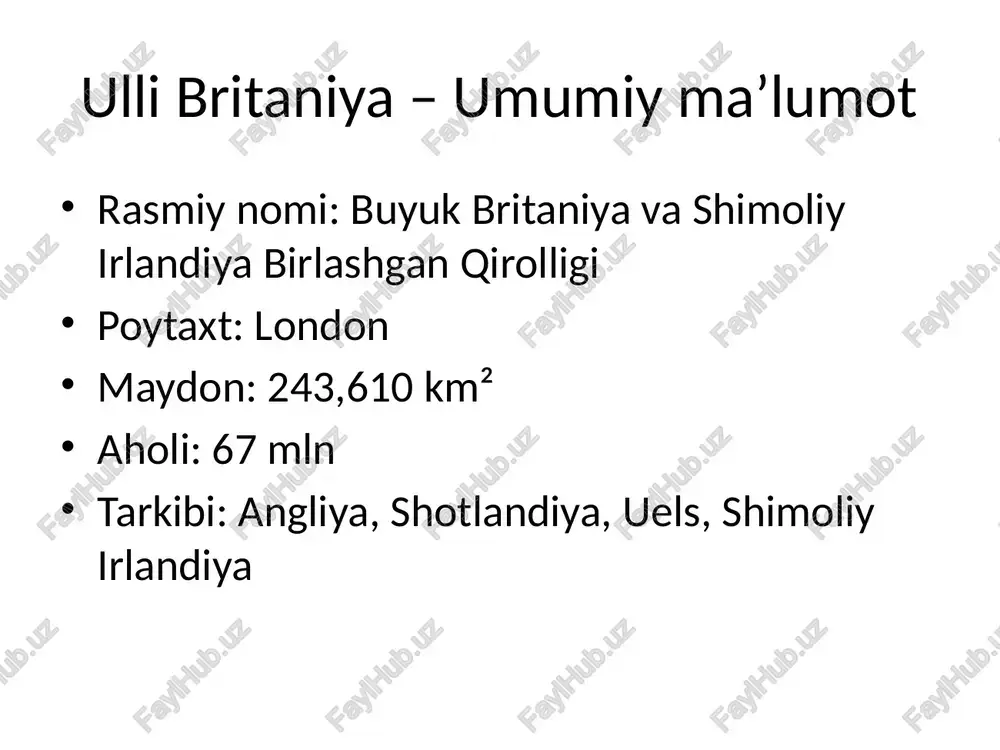 sport muhim o‘rin tutadi o‘xshashlik va farqlar ikkalasi ham rivojlangan, ammo siyosiy tizim, til va madaniyat farqlidir xulosa ulli britaniya va fransiya – tarixan va hozirda ham jahon sahnasida muhim o‘rin tutuvchi davlatlardir. /docprops/thumbnail.jpeg