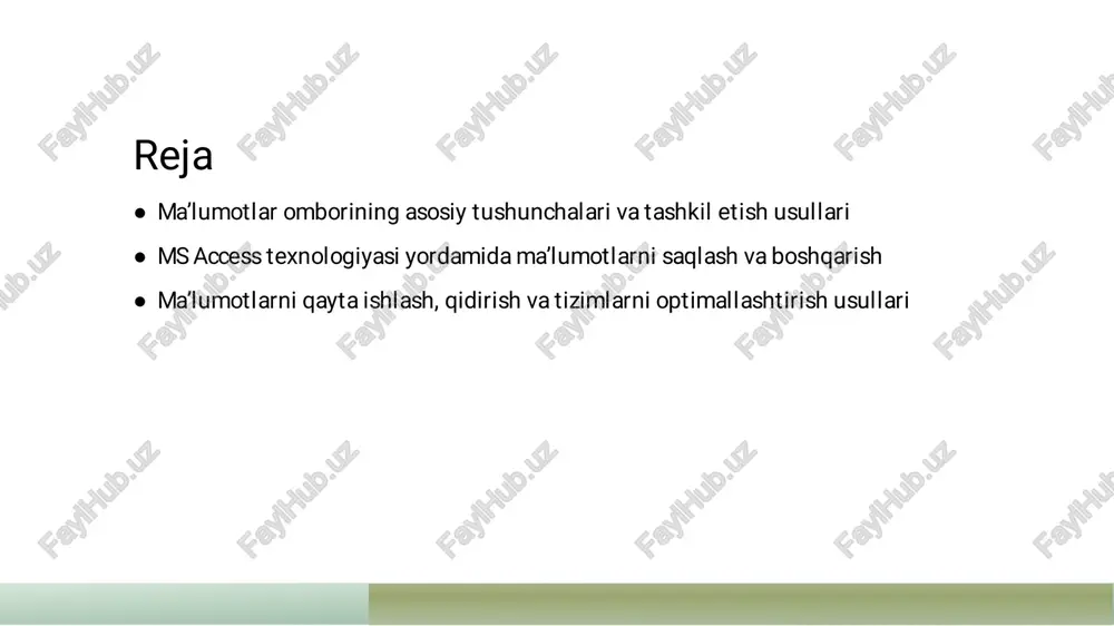 bog’liqliklarni soddalashtiradi va tahlil qilishni osonlashtiradi.� ob’ektli model� bumodel ma’lumotlarni ob’ektlar shaklida tashkil etadi, ularni real hayotdagi elementlargamos keladigan tarzda ifodalaydi, rivojlanganroq vamoslashuvchan.� ma’lumotlar ombori arxitekturasi va strukturalari� ma’lumotlar modelining turlari� klassik relatsion model� ma’lumotlar strukturalari� ma’lumotlar ombori arxitekturasi turli ma’lumotlar modellari asosidaquriladi, ularning har biri ma'lumotlarni qanday tashkil etish vaboshqarishni belgilaydi.� eng keng tarqalganmodel bo‘lib, ma’lumotlar jadval shaklida tashkil etiladi, bu esama’lumotlarni oson qidirish vabog‘lash imkonini beradi.� ma’lumotlar omborining strukturalari kengaytirilgan vamodulli bo‘lib, ular tizimningmustahkamligi, kengaytirilishi va xavfsizligini ta’minlaydi.� ma’lumotlarni boshqarishda standartlar va best practices� 1� standartlarni belgilash� ma’lumotlarni boshqarishdaaniq vaqabul qilingan standartlarni joriy etish, ma’lumotlar xavfsizligi va integritetini ta’minlash uchunmuhimdir.� 2� yaxshi amaliyotlar� boshqaruv jarayonlaridaeng yaxshi metod va texnologiyalarni qo‘llash, samaradorlikni oshiradi va xatoliklarni kamaytiradi.� 3� hujjatlashtirish va nazorat� har bir jarayon vaqoidalarni yozma ravishdahujjatlashtirish, nazorat qilish va yangilash tizimini yuritishmuhim ahamiyatgaega.� ma’lumotlar omborini tashkil etishda ehtiyotkorlik va xatoliklarni oldini olish� 1� ma’lumotlarni ehtiyotkorlik bilan tekshirish� ma’lumotlar omborini …