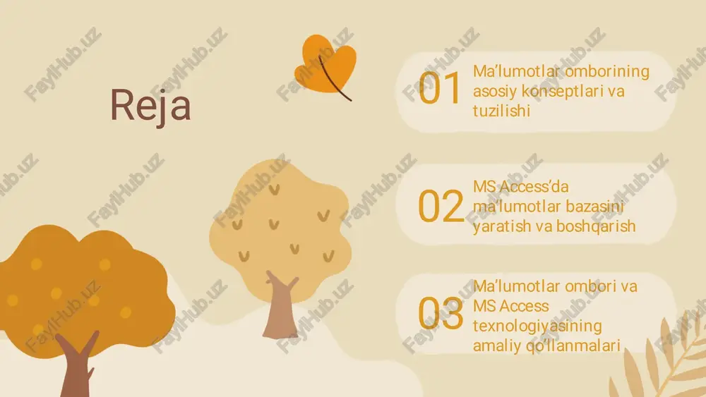 atlar jadval orasidagi bog’lanishlarni anglatadi. ular msaccess diagrammasi yordamida vizual tarzda ko’rsatiladi va ma’lumotlar bazasining integratsiyasini ta’minlaydi, bu esama’lumotlarni samarali boshqarish uchun muhimdir.� normalizatsiya ma’lumotlar takrorlanishini kamaytiradi va ma’lumotlar bazasining barqarorligini oshiradi. denormalizatsiya esa so’rovlarni tezlashtirish uchun ma’lumotlar strukturini soddalashtiradi, lekin bu holatda ma’lumotlar takrorlanishi mumkin.� to’g’ri tuzil ish ma’lumotlar bazasining samarali ishlashini ta’minlaydi. jadval va munosabatlar dizayni muhim bo’l ib, ular ma’lumotlarni boshqarishni yengillashtiradi va bazaning barqarorl igini ta’minlaydi.� ma’lumotlar omboridama’lumotlarni boshqarish� ma’lumotlarni kiritish va yangilash: bazama’lumotlarini kiritish va o’zgartirish uchun qulay interfeysva metodlar ishlab chiqiladi. msaccess dasturida, bu uchun formalar va yozuvlar jadvali ishlatiladi.� ma’lumotlarni saqlash va qidirish: ma’lumotlar omboridama’lumotlarni samarali saqlash uchun normalizatsiya prinsiplari qo’llaniladi. qidiruv funksiyalari yordamida kerakli ma’lumotlarni tez va aniq topish mumkin.� ma’lumotlar omborida xavfsizlik va maxfiylik: xavfsizlik uchun kirish nazorati, foydalanuvchi huquqlari va shifrlash texnologiyalari qo’llaniladi. maxfiylik uchun parollar va ruxsatlar belgilanadi.� ma’lumotlar omborining foydalanish soqalari� biznesda qo‘llanilishi� ma’lumotlar ombori korxonalarda keng qo‘llaniladi, …