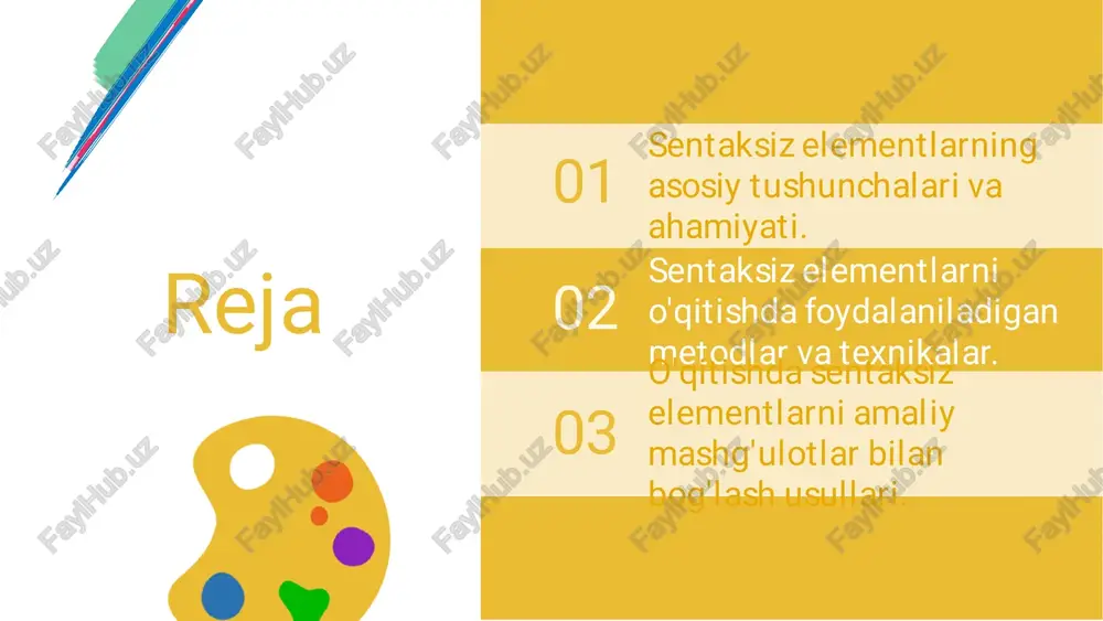 sentaksiz elementlar grammatikaning muhim qismi bo'lib, ularning ta'limda o'rni katta. ular jumla tuzilishini tushunishda yordam beradi va so'zlar o'rtasidagi bog'lanishni aniqlashga imkon yaratadi.� o'quvchilarga sentaksiz elementlarning ta'siri nutq va yozma ifoda qobiliyatini rivojlantirishda muhim. to'g'ri tushunish va foydalanish matnning mantiqiy va ravon bo'lishiga yordam beradi.� kelajakda ta'limda sentaksiz elementlar o'rni kuchayadi, chunki ular fikrni aniq va lo'nda yetkazishga yordam beradi. bu nutq va yozma madaniyatni oshirishda muhim rol o'ynaydi.� sentaksiz elementlar va ularning ahamiyati� sentaksiz elementlarni o'qitish metodlari� o'qitish metodlarining turlari� an'anaviy metodlar: tinglab tushunish, takrorlash, memoriyaga asoslangan usullar.� zamonaviy metodlar: interaktiv o'qitish, loyiha asosida o'qitish, texnologiyalardan foydalanish.� interaktiv metodlarning ahamiyati� o'quvchilarning faol ishtiroki muhim, ularning fikrini erkin bildirishlari va muammoni mustaqil hal qilish ko'nikmasini rivojlantiradi.� misollar: guruh muhokamasi, muammo yechish, interaktiv dasturlar va o'yinlar yordamida o'qitish.� o'qitish texnikalari: amaliyot va nazariya� o'qitish texnikalarining asosiy turlari: o'zaro ta'sir, muhokama va ko'rgazmali materiallar talabalarning faol ishtirokini ta'minlaydi va tushunishni mustahkamlaydi. nazariy …