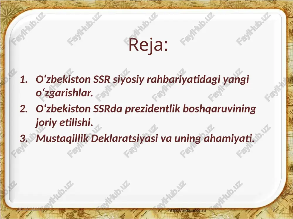 zbekiston ssr oliy soveti o‘n ikkinchi chaqiriq ii sessiyasida mustaqillik deklaratsiyasi qabul qilindi. 17.11.2025 11 mustaqillik deklaratsiyasi o‘zbekiston milliy davlat mustaqilligining huquqiy va siyosiy asoslarini yaratish uchun katta xizmat qildi. 17.11.2025 12 14-dekabrda o‘zbekiston ssr tarkibidagi qoraqalpog‘iston assr suvereniteti to‘g‘risida deklaratsiya qabul qilindi. o‘zbekistondagi bunday voqealar hamda sovet ittifoqi tarkibidan 1990-yil mart – may oylarida litva, latviya va estoniyaning chiqib ketishi sssrning davlat butunligiga jiddiy ta’sir ko‘rsatdi. 17.11.2025 13 1990-1991 yillarda sssr parjalandi 1990-yil 11 mart-litva 1991-yil 9 aprel-gruziya 1991-yil 20-21 avgust-latviya va estoniy 1991-yil 24 avgust-ukrainya 1991-yil 25 avgust-belarusiya 1991-yil 27 avgust-moldaviya 1991-yil 30 avgust-ozorbayjon 17.11.2025 14 1991-yil 31 avgust-o’zbekiston, qirg’iziston 1991-yil 9-sentabr-tojikiston 1991-yil 23-sentabr-armaniston 1991-yil 27-oktabr-turkmaniston 1991-yil 12-dekabr-rossiya 1991-yil 16-dekabr-qozog’iston o‘zbekiston o‘zini sssrdan mustaqil deb e’lon qildi. 1991-yil 31-avgustda o‘zbekiston respublikasi oliy kengashining o‘n ikkinchi chaqiriq navbatdan tashqari vi sessiyasida o‘zbekiston respublikasining davlat mustaqilligi to‘g‘risida prezident i.a.karimovning ma’ruzasi tinglandi. 17.11.2025 15 o‘zbekiston respublikasi tinch parlament yo‘li bilan o‘zining …