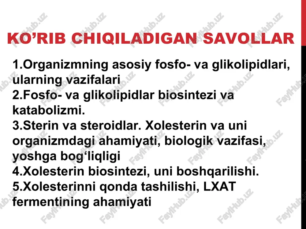 (asosiy vakili – xolesterin) yon gruppasida beshta uglerod atomi bo‘ladigan yog‘ kislotalari yon gruppasida ikki uglerodli kortikosteroidlar va progesteron ayol va erkak jinsiy gormonlari (estrogenlar va androgenlar), bularning 17 holatda yon gruppasiga mutlaqo yo‘q organizmdagi barcha steroidlarning asosiy qismi xolesterin ulushiga to‘g‘ri keladi. xolesterinning organizmdagi ahamiyati odam to‘qimalarida taxminan 140 g yaqin xolesterin bor. qondagi uning kontsentratsiyasi 150–250 mg/dl bo‘lib, ayollarda 150–200 mg/dl, erkaklarda – 200–250 mg/dl teng: xolesterin biomembranalar tarkibiga kiradi, struktural membranalarning bir qismi bo‘lib, ularning yopishqoqligi va qat’iyligiga olib keladi; -undan o‘t kislotalari sintezlanadi; -undan steroid gormonlar sintezlanadi; -undan vitamin d sintezlanadi. xolesterin almashinuvi 1.tez almashinadigan xolesterin (bir oy ichida) – jigar, ichak epiteliyasi, plazma (preparat tarkibida) va boshqa parenximatoz organlar xolesterini (umumiy xolesterinning qariyib 30 g). 2.sekin asta almashinadigan xolesterin (bir necha oy ichida) – yog‘ to‘qimalarida xolesterini (umumiy xolesterinning qariyib 50 g). 3.juda sekin almashinadigan xolesterin (bir yil ichida) – biriktiruvchi to‘qima tarkibidagi miya va …