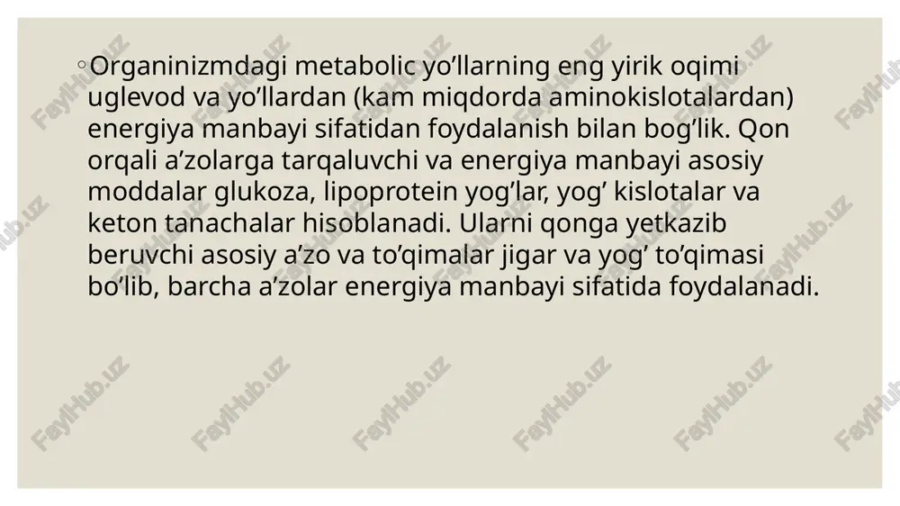 koa yog’ kislotalari a-gliserofsfat co2, h2o aminokilotalar glikogen piruvat yog’larning zaxiralanishi keton tanalari co2, h2o glyukozamiya absorbtiv va postabsorbtiv davrlarning almashinuvi jarayoniga mos ravishda metabolizmning yo’nalishini o’zgartirish va qonda glyukoza konsentratsiyasini saqlash boshqaruvchi mexanizmlar siztemasi yordamita ta’minlanadi, xususan bu sistama insulin, glyukogen, adrenalin va kortizol gormonlarini o’z ichiga oladi. mushaklarning ishlashi ovqat hazmlanishi davriga tog’ri kelsa zaxiralanish jarayoni susaytiriladi chunki ichakdan so’rilayotgan maxsulatlarni bir qismi to’g’ridan-to’g’ri mushaklarda sariflanib ketadi. postabsorbtiv davrda mushaklarning ishlashi zaxiralar, ayniqsa, yog’larning safarbarlanishi kuchaytiriladi. mushaklarning ishlash davri va tinch holati davri almashinuvi bilan bog’lik metobolik o’zgarishlarni bishqarish adrenalin tomonidan amalga oshiriladi. glyukozaning qondagi konsentratsiyasi qonda glyukoza konsentratsiyasini nisbatan doimiy ushlab turish moddalar almashinuvini boshqarish yordamida amalga oshiriladi. qonda glyukoza konsentratsiyasi bir tarafdan uning qonga o’tishi, ikkinchi tarafdan esa to’qimalar tomonidan yutilish jarayonlari tezligi bilan aniklanadi. postobsortiv davirda qonda glukoza konsentratsiyasi 60-100 mg/dl (3,3-5,5 mmol/l) ga teng bo’ladi; glyukoza konsentratsiyasining ortishi (giperglukozemiya) uglevodlar almashinuvi buzilishidan dalolat beradi. …
