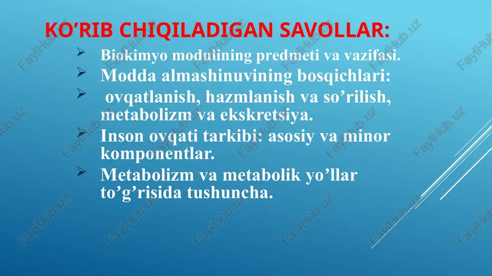 dalarni xazmlanishining biokimyoviy asoslarini; mushak qisqarish mexanizmlarini; nerv impulsarini oʼtkazilishini; qonning nafas funktsiyasi; kislota-asos muvozanatini; jigar, buyrak, immun tizim va boshqalar biokimyosini odam biokimyosi yoki tibbiy biokimyo bu biokimyoning bir boʼlimi xisoblanib, inson organizmida meʼyor va turli patologik holatlarda modda almashinuvini oʼrganadi biologik kimyo soxasidagi muxim kashfiyotlar: 1904 – knoop yogʼ kislotalar ksidlanish mexanizmi; 1926 – enzimologiya “tugʼilgan kuni” – samner ureaza fermentini krisstal holda ajraib oldi; 1930 – engelgard oksidlanuvchi fosforillanish; 1930 – polling oqsil molekulasini ikkilamchi qurilishi (nobel mukofoti). krebs – uchkarbon kislotalar va siydikchil hosil boʼlish sikli 1953 – d.uotson va f.krik dnk tuzilishi – bu bilan molekulyar biologiya asri boshlandi (nobel mukofoti) 1961 – m.nirenberg genetik kod. biologiya va kimyo soxasida mukofot erishilgan nobel mukofotlarining 90% biokimyoga toʼgʼri keladi metabolizm xisobiga xujayrada quyidagi jarayonlar kechadi: 1. tashki muhitdan energiyani oʼzlashtirish (organik moddalarning kimyoviy energiyasi yoki quyosh energiyasi). 2. ekzogen moddalarning xujayra ichi parchalanishi. 3. makromolekulalarning sintezi …