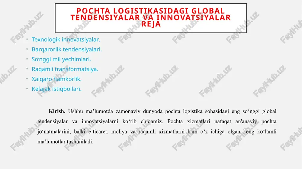 ashtirilgan mijozlar xizmati: ai chatbotlar: 24/7 xizmat qiladi, jo‘natma holatini real vaqtda aytib beradi, qayta yetkazish yoki manzilni o‘zgartirishni avtomatik qabul qiladi, tez-tez so‘raladigan savollarga zudlik bilan javob beradi. bu mijozlar qoniqishini oshiradi va call-markazdagi yuklamani kamaytiradi. d) iot va aqlli tizimlar iot sensorlari bilan jihozlangan posilkalar har bir posilkaning ichiga o‘rnatiladigan kichik sensorlar: haroratni, namlikni, zarba yoki tebranishlarni, ochilish faktini o‘lchab, ma'lumotni markazga uzatadi. foyda:nozik tovarlar (dori-darmon, elektronika) xavfsizligini kafolatlaydi, zarar holatlarini aniq vaqt va joy bo‘yicha aniqlash imkonini beradi. real-vaqtda kuzatish (gps + iot) iot qurilmalari jo‘natmaning holatini quyidagicha ko‘rsatadi: aniq geolokatsiya, yetkazib berishni taxminiy vaqti, transport vositasi yo‘nalishi, posilka to‘xtagan joylar. bu operatorlarga kechikishlarni oldindan ko‘rish va yo‘l-yo‘riqni o‘zgartirish imkonini beradi. f) aqlli qulf tizimlari. lockerlar va aqlli qutilar: sms kod, mobil ilova, nfc yoki qr orqali kontakt o‘rnatmasdan ochilishi mumkin. afzalliklar: xavfsizlik oshadi, paketni yo‘qotish xavfi kamayadi, mijozlar 24/7 qabul qilish imkoniga ega bo‘ladi. bu tizim …