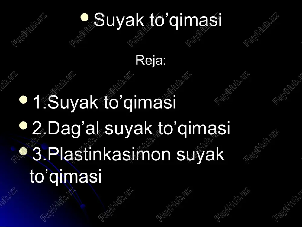 datda, birinchidan, organizm yoshining ulayib borishi, kundalik qabul qilinadigan ovqat tarkibi, ikkinchidan, nerv sistemasining ichki sekresiya bezlarining unga ko’rsatadigan ta'siri sabab bo’ladi. suyak to’qimasi ham boshqa biriktiruvchi to’qimalarga o’xshab asosan suyak hujayralaridan va hujayralararo moddalardan tarkib topgan. suyak to’qimasining hujayralari. demak, suyak to’qimasi hujay-ralari bajaradigan fiziologik vazifasi va morfologik tuzilishiga ko’ra uchga bo’linadi: ostioblast, ostisit va ostioklast hujayralar. 1. ostioblast hujayralar kam tabaqalangan bitta yadroli suyak hosil qiluvchi hujayra bo’lib, suyak to’qimasi hujayralararo moddasi bilan asosiy modda uchun kerakli moddalarni sintez qilib beradi. ostioblast hujayralar tabaqalangan suyak to’qimasida, uning singan yoki tiklanayotgan joylarida ko’p uchraydi. barcha skelet suyaklari ustini qoplab turuvchi suyak ustki pardasi tarkibida doimo bo’ladi. shakli kubsimon yoki burchaksimon. sitoplazmasining periferik qismida yumaloq yoki ovalsimon yadrosi bo’ladi. har bir hujayra yadrosida bitta yoki bir nechta yadrocha bo’ladi. elektron mikroskopda ko’rilganda tarkibidagi organoidlardan mitoxondriy, endoplazmatik to’r va golji kompleksi yaxshi ko’rinib turadi. bundan tashqari, sitoplazma qismida ko’plab rnk va …