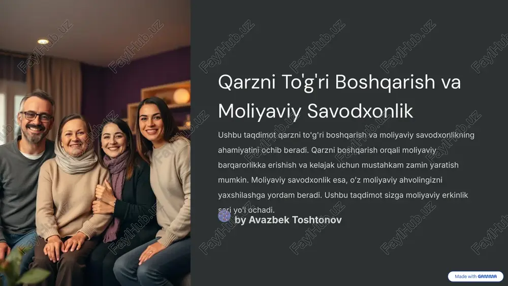 0 dan 850 gacha bo'lgan raqam. kredit balli qanday aniqlanadi? to'lovlar tarixi (35%), qarz miqdori (30%), kredit tarixi uzunligi (15%), kredit turlari (10%), yangi kreditlar (10%). yaxshi kredit ballining afzalliklari past foiz stavkalari, kredit olish imkoniyatining oshishi, sug'urta to'lovlarining kamayishi. kredit balli moliyaviy hayotda muhim rol o'ynaydi. u 300 dan 850 gacha bo'lgan raqam bo'lib, to'lovlar tarixi, qarz miqdori va kredit tarixi uzunligi kabi omillarga asoslanadi. yaxshi kredit balli past foiz stavkalarini, kredit olish imkoniyatining oshishini va sug'urta to'lovlarining kamayishini ta'minlaydi. o'zbekistonda kredit byurosi ma'lumotlari kredit axborot-tahlil markazi tomonidan taqdim etiladi. ‹#› qarzni kamaytirish strategiyalari qarzlar ro'yxatini tuzing foiz stavkalari va qarz miqdorini aniqlang. "qor uyumi" usuli eng kichik qarzni birinchi to'lash. kredit kartalar bo'yicha balansni ko'chirish qarzni konsolidatsiya qilish qarzni kamaytirish strategiyalari moliyaviy ahvolni yaxshilashga yordam beradi. qarzlar ro'yxatini tuzish, "qor uyumi" usuli, eng yuqori foizli qarzni birinchi to'lash, kredit kartalar bo'yicha balansni ko'chirish va qarzni konsolidatsiya qilish kabi …