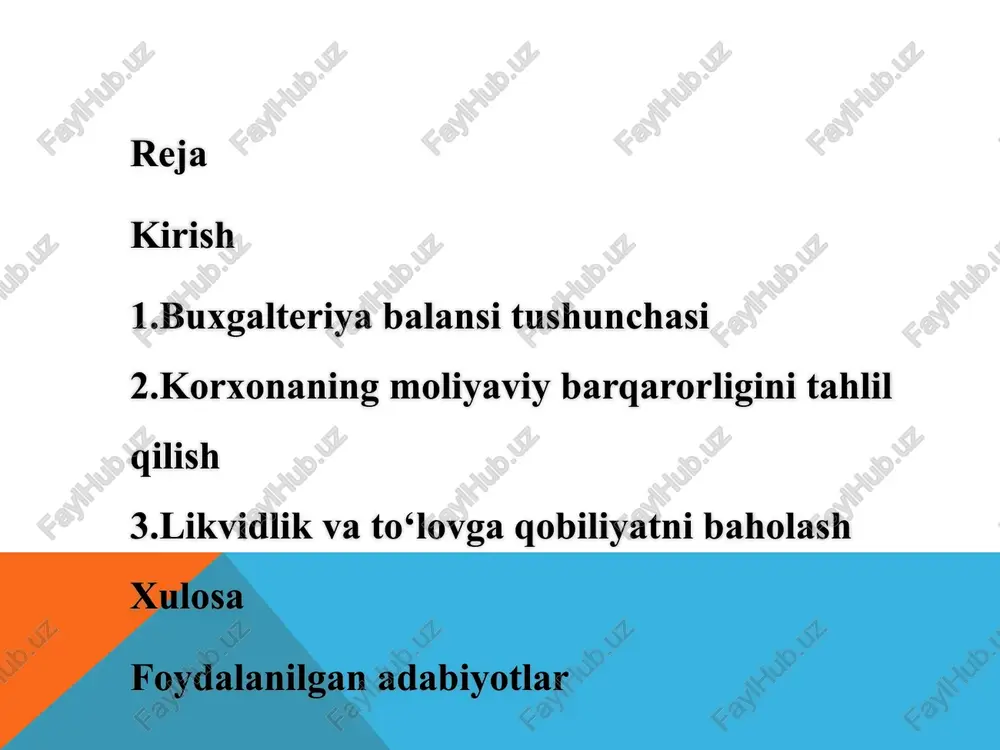 ri esa uzoq muddatli mulkni o'z ichiga oladi balansning mazmuni va tuzilishi balansning mazmuni korxonaning barcha xo'jalik vositalari va ularning manbalarini yoritishdan iborat. u ikki qismdan – aktiv va passivdan tashkil topgan. aktiv tomoni korxonaning mulki va huquqlarini, passiv tomoni esa bu mulkning manbalarini ko'rsatadi. balansning tuzilishi odatda vertikal yoki gorizontal shaklda bo'ladi, lekin o'zbekistonda ko'pincha vertikal shakl qo'llaniladi, ya'ni aktiv va passiv ustunlar bir-biriga tenglashtirilgan holda joylashtiriladi. har bir qator ma'lum bir hisob yoki guruhni ifodalaydi, masalan, asosiy vositalar, zaxiralar, debitorlik qarzlari va hokazo.balansning mazmunini batafsil ko'rib chiqsak, u korxonaning moliyaviy resurslarini guruhlash orqali tuziladi. masalan, aktivlar oqim va oqimsiz aktivlarga bo'linadi. oqim aktivlari bir yil ichida pulga aylantirilishi mumkin bo'lgan resurslar, oqimsiz aktivlari esa uzoq muddatli mulkni o'z ichiga oladi aktiv va passivlar tarkibi aktivlar korxonaning mulki va huquqlarini ifodalaydi, ya'ni korxona egalik qiladigan yoki nazorat qiladigan resurslar. ular ikki asosiy guruhga bo'linadi: oqimsiz va oqim aktivlari. oqimsiz …