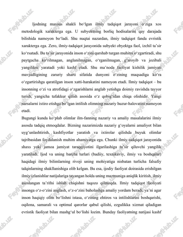gan inson xatti-harakatini namoyon etadi. ilmiy tadqiqot – bu insonning o‘zi va atrofidagi o‘zgarishlarni anglab yetishga doimiy ravishda tayyor turish, yangicha tafakkur qilish asosida o‘z qobig‘idan chiqa olishidir. yangi narsalarni ixtiro etishga bo‘lgan intilish olimning nazariy huzur-halovatini namoyon etadi. bugungi kunda ko‘plab olimlar ilm-fanning nazariy va amaliy masalalarini ilmiy asosda tadqiq etmoqdalar. bizning nazarimizda nazariy g‘oyalarni amaliyot bilan uyg‘unlashtirish, kashfiyotlar yaratish va ixtirolar qilishda buyuk olimlar tajribasidan foydalanish muhim ahamiyatga ega. chunki ilmiy tadqiqot jarayonida shaxs yoki jamoa jamiyat taraqqiyotini ilgarilashiga ta’sir qiluvchi yangilik yaratiladi. ijod va uning barcha turlari (badiiy, texnikaviy, ilmiy va boshqalar) haqidagi ilmiy bilimlarning rivoji uning mohiyatiga nisbatan turlicha falsafiy talqinlarning shakllanishiga olib kelgan. bu esa, ijodiy faoliyat doirasida erishilgan ilmiy izlanishlar natijalariga tayangan holda uning mazmuniga aniqlik kiritish, ilmiy asoslangan ta’rifni ishlab chiqishni taqozo qilmoqda. ilmiy tadqiqot faoliyati insonga o‘z-o‘zini anglash, o‘z-o‘zini baholashga amaliy yordam beradi, ya’ni agar inson haqiqiy olim bo‘lishni istasa, o‘zining ehtiros …