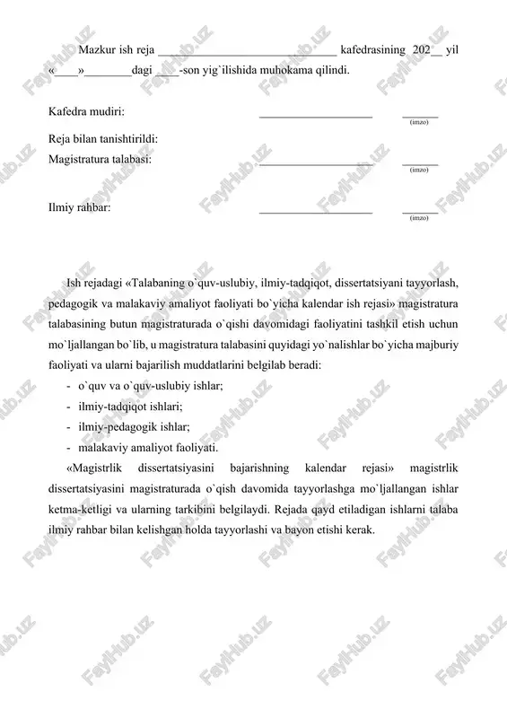 fiq 3. o`quv fanlaridan referat, ma’ruzalar tayyorlash 1-3-semestrlar har bir fan bo'yicha o'quv rejasiga muvofiq 4. mutaxassislik fanlar bo`yicha: ‎o`quv topshiriqlarni to`plami 3-semestr oxirigacha mavzu bo'yicha ‎ masala va topshiriqlar to`plami‎ korxonaning materialiga ko'ra 5. davlat attestatsiyasidan o`tish 4-semestr tugaganidan so`ng o'quv dasturi asosida 2. ilmiy-tadqiqot ishlari‎‎ t/r‎ chora tadbir nomi‎ bajarilish muddati‎ izoh‎ 1. dissertatsiyani tanlash va mavzusini tasdiqlatish 1-semestr boshida‎ ilmiy maslahatchi rahbarligida 2. magistrlik dissertatsiyasi mavzusi bo`yicha maqolalarni tayyorlash va nashr etish o`quv davri mobaynida (dastlabki himoyaga kirgunga qadar) kamida 2 ta maqola (tezislar) 3. amaliyotga bog`liq muammolarni o`rganib, ularni ilmiy hal qilish bo`yicha aniq tavsiyalar ishlab chiqish 1-3 semestr 4.‎ tanlangan tadqiqot mavzusi bo`yicha ilmiy-tadqiqot, tajriba sinov ishlarini o`tkazish o`quv davri mobaynida tadqiqot dasturiga ko'ra 5. magistrlik dissertatsiyasini tugallash 4-semestr oxirida 6.‎ magistrlik dissertatsiyasini himoyalash 4-semestr oxirida o'quv jarayoni o'quv rejasiga asoslanadi 7. kafedraning ilmiy va innovatsiya tadqiqotlari va xo`jalik shartnoma ishlarida ishtirok etish o`quv davri …