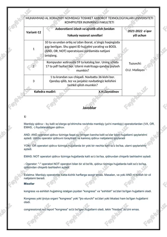 shitish" so'zlari bo'lgan hujjatlarni oladi. kongress yoki ijroiya organi "kongress" yoki "ijro etuvchi" so'zlari yoki ikkalasi ham bo'lgan hujjatlarni oladi. congressional not report "kongress" so'zi bo'lgan hujjatlarni oladi, lekin "hisobot" so'zini emas. congressional -report "congressional" so'zi bo'lgan hujjatlarni oladi, lekin "report" so'zi emas "-" operatori not operatori o'rnida ishlatilishi mumkin, lekin so'z (yoki ifoda) oraliq bo'shliqlarsiz old qo'yishi kerak. congressional and not report “congressional” so‘zi bo‘lgan hujjatlarni oladi, lekin “report” so‘zini emas, “and not” operatorlari xuddi “not” kabi harakat qiladi. "yo'llar va vositalar" "yo'llari", "va" va "vosita" so'zlari yozilgan hujjatlarni ko'rsatilgan tartibda, bir-birining yonidan oladi. "va" qo'shtirnoq ichidagi iboraning bir qismi bo'lgani uchun, u operator sifatida emas, balki iboraning bir qismi sifatida qaraladi. yo'llar "va" vositalari hujjatning istalgan joyida "yo'llar", "va" va "vosita" so'zlari bo'lgan hujjatlarni oladi. "va" qo'shtirnoq ichida bo'lgani uchun u operator sifatida emas, balki ibora sifatida qaraladi. sarlavha: atrof-muhit va a'zo:mikulski sarlavhasida "atrof-muhit" va a'zolar maydonida "mikulski" …