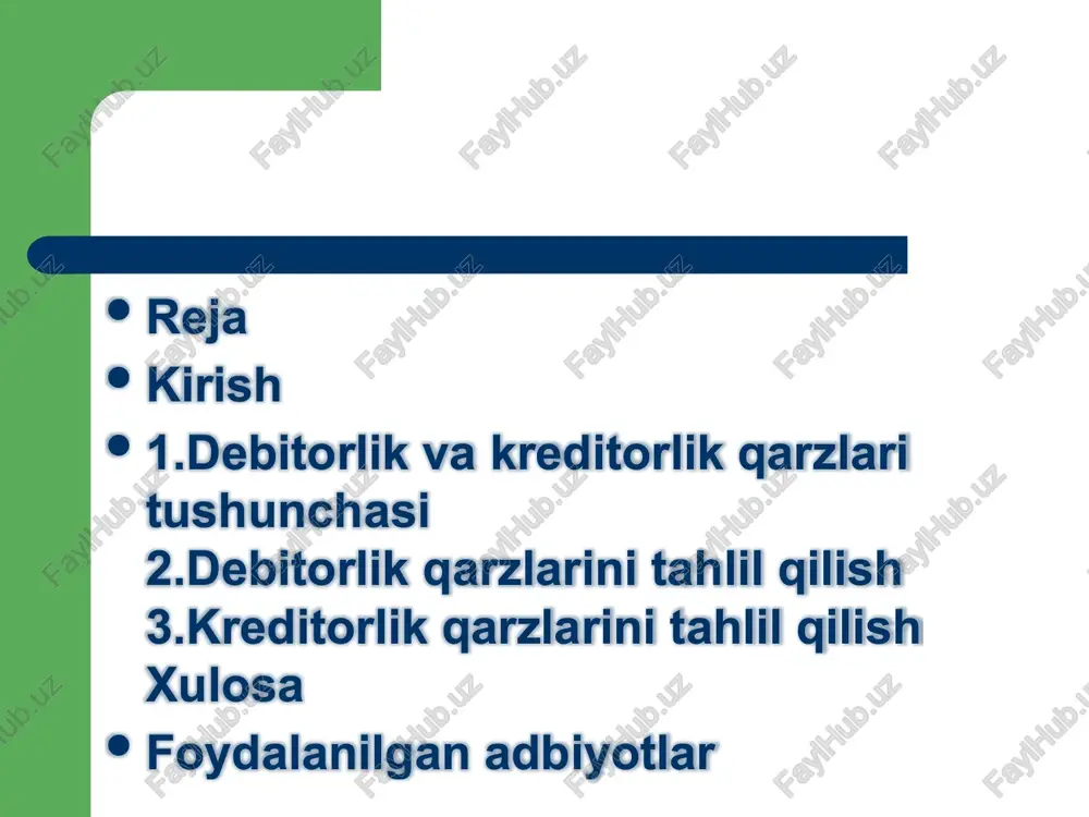 'rsatilgan xizmatlar uchun olishi kerak bo'lgan daromadini aks ettiradi, bu esa korxonaning iqtisodiy faolligini ko'rsatadi. ular korxonaga naqd pulsiz ishlash imkonini beradi, ammo muddat o'tkazilganda iqtisodiy zarar keltirishi mumkin. kreditorlik qarzlari esa korxonaning o'z majburiyatlarini bajarmasdan oldin resurslarni ishlatishiga yordam beradi, bu iqtisodiy jihatdan foydali, chunki korxona o'z mablag'larini sarflamasdan faoliyat yuritadi. iqtisodiy mazmun jihatidan qarzlar korxonaning aylanma mablag'larini boshqarishda muhim rol o'ynaydi, chunki ular korxonaning likvidligini ta'sirlaydi. debitor va kreditor qarzlar turlari debitor qarzlar turlariga ko'ra, savdo debitorlik qarzlari, avans berilgan debitorlik qarzlari va boshqa debitorlik qarzlari ajratiladi. savdo debitorlik qarzlari korxonaning sotilgan tovarlar yoki ko'rsatilgan xizmatlar uchun mijozlardan olishi kerak bo'lgan mablag'lar bo'lib, ular odatda muddatli shartnomalar asosida shakllanadi. avans berilgan debitorlik qarzlari korxonaning yetkazib beruvchilarga yoki pudratchilarga oldindan to'langan mablag'lar bo'lib, tovar yoki xizmat yetkazilmaguncha debitorlik hisobida saqlanadi. boshqa debitorlik qarzlari esa, masalan, ishchilarga berilgan avanslar, sud orqali undiriladigan qarzlar yoki boshqa turdagi talablar bo'lishi mumkin. qarzlar …