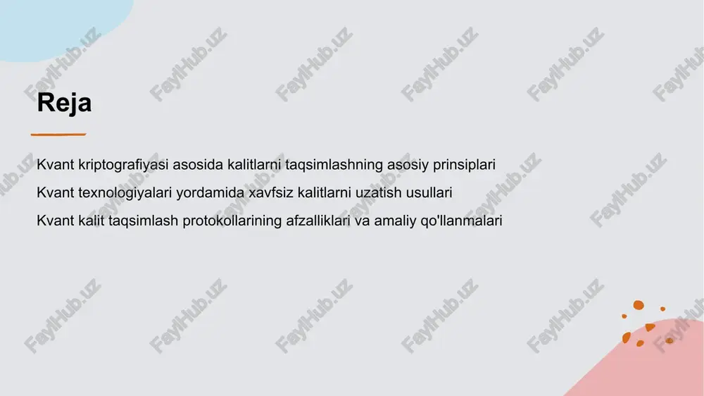 lash va oldini olishda muhimdir. 2 noaniqlik qoidasining ta'siri heisenbergning noaniqlik qoidasiga ko'ra, ikki o'lchovli kvant holatlari o'rtasida aniqlik bilan o'lchash imkoniyati cheklangan. bu, xakerlik harakatlarini aniqlashda yordam beradi. 3 xavfsizlikning asosiy kafolati kvant kalit taqsimlashda, har qanday aralashuv kalit sifatida foydalanilmasligini ta'minlaydi. bu, xavfsizlikni yuqori darajada saqlash uchun o'ziga xos xususiyatdir. kvant kalit taqsimlash protokollarining ishlash mexanizmi va nazariy asoslari. 01 kvant mexanizmi kvant kalit taqsimlash protokollari kvant mexanikasining asosiy tamoyillariga asoslangan. bu tamoyillar, masalan, superpozitsiya va noaniqlik, xavfsizlikni ta'minlashda muhim rol o'ynaydi. 02 qarshi tahdidlarga qarshi kvant texnologiyalari, xususan, hech qanday o'zgartirilmaslik va noaniqlik tamoyillari yordamida, xavfsizlikni kafolatlaydi, chunki tahdidlar aniqlanib, oldini olinadi. 03 protokollarning ishlash prinsipi kvant kalit taqsimlash protokollari, masalan, bb84, kvant holatlari va noaniqlik tamoyillaridan foydalanib, xavfsiz kalitlarni uzatishni ta'minlaydi. ular noxush ta'sirlardan himoyalangan. 04 nazariy asoslari bu protokollar kvant mexanikasining matematik modellari va ehtimollik nazariyasiga asoslanadi. bu nazariyalar, xavfsizlikni matematik ravishda isbotlash imkonini beradi. …