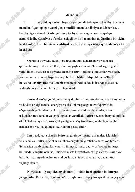 shda namoyon bo‘ladi. sohalariga qarab yangilikni yaratish ijtimoiy, ilmiy, badiiy va boshqa turlarga bo‘linadi. yangilik ochilsa,u birinchi marta kuzatish ob’ektiga aylansa-kashfiyot hosil bo‘ladi, agarda oldin mavjud bo‘lmagan tuzilma yaratilsa, unda ixtiro vujudga keladi. novatsiya – (yangilikning sinonimi) – oldin hech qachon bo‘lmagan yangilikdir. bu kashfiyot,ixtiro bo‘lib, u ijtimoiy ehtiyojlarni qondirishning yangi uslubidir. novator – yangilik ochuvchi yoki qaysidir sohaga yangilik kirituvchi odamdir. bu poydevorsiz innovatsiya jarayonini tasavvur qilib bo‘lmaydi. bu jarayon o‘zining tarixiy genezisi, rivojlanish fazasi, ijtimoiy-iqtisodiy, texnik-texnologik asoslariga egadir. yangilik, kashfiyot, ixtiro, patent, yangi tovar belgisi, ratsionallik fakliflar, yangi texnologiya, ishlab chiqarishni boshqaruv, tashkiliy strukturalar innovatsiyaning belgilovchi omillaridir. 2. dissertatsiya (lotincha: dissertatio — tadqiqot, mulohaza) — ilmiy daraja olish uchun taqdim etilgan va jamoatchilik oldida yakka tartibda himoya qilinadigan ilmiy asar. dissertatsiyani himoya qilish dastlab oʻrta asrlarda nemis tilida soʻzlashadigan mamlakatlarning universitetlarida paydo boʻlgan. 16—17-asrlarda boshqa mamlakatlarga ham tarqala boshlagan. oʻzbekistonda 1934-yildan fan nomzodi va fan doktori ilmiy dara-jasini …