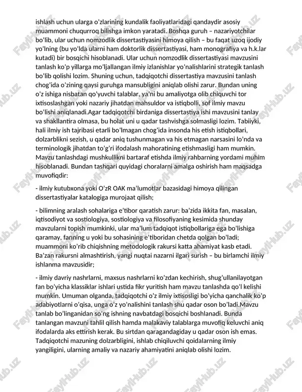 isoblanadi. ilmiy ish keyinchalik mazkur sohada muvaffaqiyatli ishlash uchun ularga o’zlarining kundalik faoliyatlaridagi qandaydir asosiy muammoni chuqurroq bilishga imkon yaratadi. boshqa guruh – nazariyotchilar bo’lib, ular uchun nomzodlik dissertastiyasini himoya qilish – bu faqat uzoq ijodiy yo’lning (bu yo’lda ularni ham doktorlik dissertastiyasi, ham monografiya va h.k.lar kutadi) bir bosqichi hisoblanadi. ular uchun nomzodlik dissertastiyasi mavzusini tanlash ko’p yillarga mo’ljallangan ilmiy izlanishlar yo’nalishlarini strategik tanlash bo’lib qolishi lozim. shuning uchun, tadqiqotchi dissertastiya mavzusini tanlash chog’ida o’zining qaysi guruhga mansubligini aniqlab olishi zarur. bundan uning o’z ishiga nisbatan qo’yuvchi talablar, ya’ni bu amaliyotga olib chiquvchi tor ixtisoslashgan yoki nazariy jihatdan mahsuldor va istiqbolli, sof ilmiy mavzu bo’lishi aniqlanadi.agar tadqiqotchi birdaniga dissertastiya ishi mavzusini tanlay va shakllantira olmasa, bu holat uni u qadar tashvishga solmasligi lozim. tabiiyki, hali ilmiy ish tajribasi etarli bo’lmagan chog’ida insonda his etish istiqbollari, dolzarblikni sezish, u qadar aniq tushunmagan va his etmagan narsasini lo’nda va terminologik jihatdan …