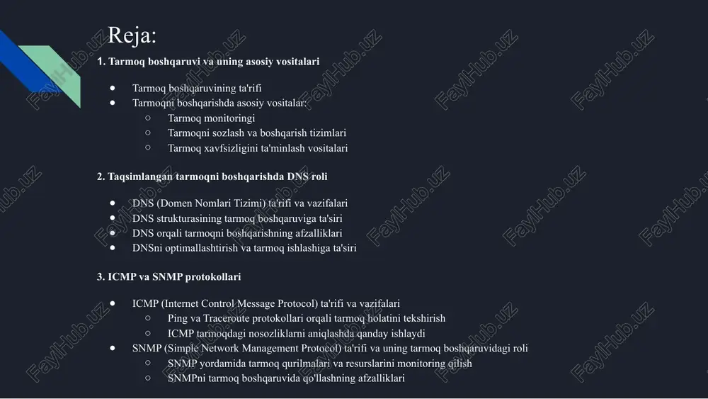 va ularga tezkor choralar ko'rish. sozlash va optimallashtirish — tarmoqni samarali ishlashini ta'minlash uchun tizimlarni sozlash, yangi resurslarni qo'shish yoki mavjudlarni optimallashtirish. tarmoqni boshqarishda asosiy vositalar: 1. tarmoq monitoringi tarmoq monitoringi tarmoq qurilmalari va tarmoqning umumiy holatini kuzatish va tahlil qilish jarayonidir. monitoring vositalari tarmoqdagi trafikni, qurilma holatini, va tarmoq xizmatlarining ishlashini real vaqt rejimida kuzatib boradi. tarmoq monitoringining asosiy maqsadi — tarmoqni samarali boshqarish va nosozliklarni tezda aniqlashdir. tarmoqni monitoring qilish vositalari: nagios – ochiq manba bo'lgan tarmoq monitoring tizimi, tarmoq holatini kuzatib boradi va nosozliklar haqida ogohlantiradi. zabbix – tarmoq qurilmalarini, serverlarni va xizmatlarni monitoring qilish uchun ishlatiladi, o'z-o'zini tahlil qilish va hisobotlar yaratish imkoniyatiga ega. solarwinds – keng qamrovli tarmoq monitoringi va tahlil qilish vositasi, tarmoqda muammolarni tezda aniqlash imkonini beradi. tarmoqni sozlash va boshqarish tizimlari tarmoqni sozlash va boshqarish tizimlari tarmoqning konfiguratsiyasini boshqarish, optimallashtirish va qayta sozlash uchun ishlatiladi. bu tizimlar administratorlarga tarmoqning turli resurslarini samarali …