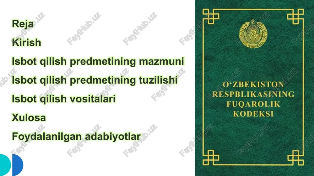 huncha, ishning mohiyatini belgilovchi va uni mazmunan hal qilish uchun zarur bo'lgan holatlar majmuasini ifodalaydi. o'zbekiston respublikasining fuqarolik protsessual kodeksiga (fpk) ko'ra, isbot qilish predmeti da'vogar va javobgarning talablari, ularning huquqiy asoslari va qonuniy manfaatlari bilan bevosita bog'liq bo'lib, sudning ishni ko'rish doirasini belgilaydi. isbotlashning huquqiy asoslari isbotlash jarayonining huquqiy asoslari o'zbekiston respublikasining konstitutsiyaviy tizimida mustahkam o'rin egallaydi va fuqarolik protsessual huquqining fundamental prinsiplariga asoslanadi. birinchi navbatda, o'zbekiston respublikasi konstitutsiyasining 18-moddasi adliyatning ochiqligi va adolatlilikni ta'minlashni belgilab, isbotlashning huquqiy asosini shakllantiradi. . isbot qilish predmetining tuzilishi isbot qilish predmeti huquqiy jarayonlarda markaziy o'rin tutadi va unda sud yoki tergov organlarining faoliyati asosiy yo'nalishni belgilaydi. bu tushuncha, asosan, jinoyat ishi yoki fuqarolik ishlarida dalillarning to'plami va ularning munosabatlari orqali shakllanadi. isbot qilish predmetining tuzilishi murakkab tizim sifatida ko'rib chiqiladi, chunki u nafaqat faktlarni o'z ichiga oladi, balki ularning huquqiy ahamiyati, sababiy bog'lanishlar va kontekstual aloqalarni ham qamrab oladi. asosiy elementlar birinchi …