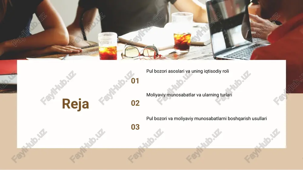 diy barqarorlikni ta'minlashda muhim rol o'ynaydi. u banklar, hukumatlar va kompaniyalar uchun likvidlik manbasi bo'lib, moliyaviy barqarorlikni ta'minlaydi. monetar siyosat va likvidlik boshqaruvi muhimdir. pul bozori muammolari va ularni hal etish yo'llari likvidlik muammolari, inflyatsiya va deflyatsiya pul bozori muvozanatini buzishi mumkin. markaziy banklar monetar siyosatni qat'iylashtirishi va moliyaviy nazoratni kuchaytirishi muhim choralar hisoblanadi. pul bozori barqarorligini ta'minlash uchun strategiyalar pul siyosatini muvofiqlashtirish, stavkalarni boshqarish, moliyaviy institutlarni nazorat qilish va likvidlikni tartibga solish strategiyalari barqarorlikni ta'minlaydi. photo by igor omilaev on unsplash photo by sawyer bengtson on unsplash photo by giammarco boscaro on unsplash moliyaviy munosabatlar tushunchasi moliyaviy munosabatlar — iqtisodiyotda moliyaviy resurslarning taqsimlanishi, almashinuvi va boshqarilishi jarayonidir. ular iqtisodiy faoliyatda muhim rol o'ynaydi, iqtisodiy subyektlar, banklar va davlat o'rtasidagi aloqalarni tashkil etadi. asosiy elementlari: naqd pul, kreditlar, investitsiyalar va sug'urta. bu elementlar iqtisodiy o'sishni ta'minlaydi, masalan, banklar kredit berish orqali ishlab chiqarishni qo'llab-quvvatlaydi va resurslarni samarali taqsimlashda muhimdir. 1 …