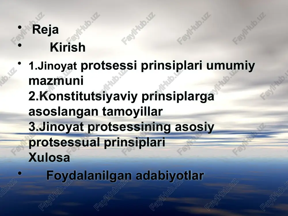 glik ayblov va himoya tomonlari teng imkoniyatga ega sudda ayblovchi va himoyachi dalillarini teng asosda taqdim etadi jpk 25-modda dalillarning erkin baholanishi sud dalillarni mustaqil, ichki ishonch asosida baholaydi sudya dalilni boshqa organning ko‘rsatmasisiz baholaydi jpk 88-modda jarayonning tezkorligi ishlar asossiz cho‘zilmasligi kerak ishni belgilangan muddatlarda ko‘rib chiqish jpk umumiy normalari jinoyat protsessi prinsiplarining umumiy mazmuni jinoyat protsessi prinsiplari jinoyat ishlarini yuritish jarayonida qo'llaniladigan asosiy qoidalar va yo'nalishlar bo'lib, ular protsessning samaradorligini, adolatliligini va qonuniyligini ta'minlashga qaratilgan. bu prinsiplar jinoyatni sodir etgan shaxslarni aniqlash, ularni jazolash, shu bilan birga begunoh shaxslarni himoya qilish va jamiyat manfaatlarini saqlashni nazarda tutadi. prinsiplarning huquqiy manbalari prinsiplarning huquqiy manbalari asosan milliy qonunchilik hujjatlarida mustahkamlangan bo'lib, ular jinoyat protsessining asosiy qoidalarini belgilaydi. bosh manba sifatida o'zbekiston respublikasining konstitutsiyasi ko'rsatilishi mumkin, chunki unda adolatli sudlov huquqi, shaxs huquqlarini himoya qilish va qonuniylik kabi asosiy g'oyalar aks etgan. prinsiplarning tizimi va vazifasi prinsiplarning tizimi mantiqiy va ierarxik …
