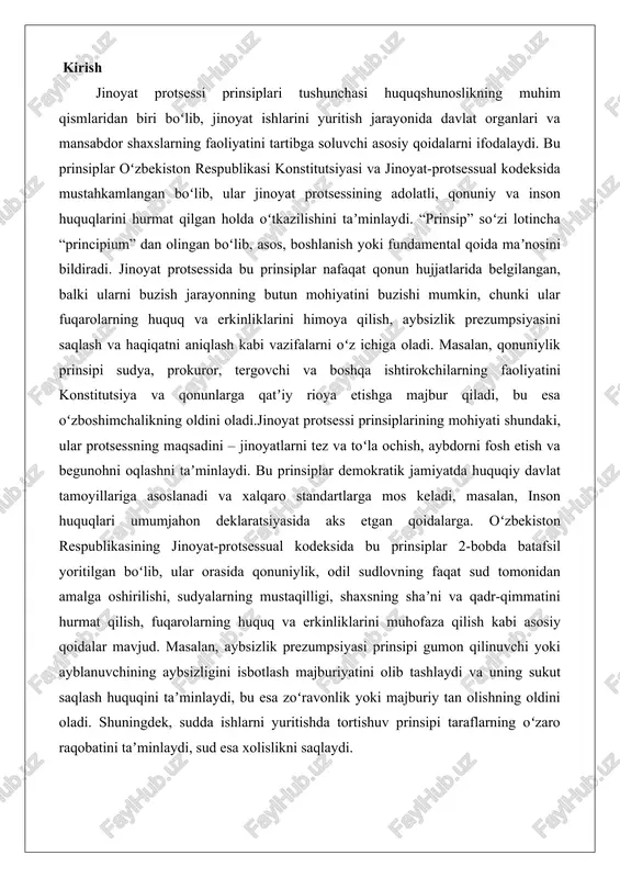 sh kabi asosiy qoidalar mavjud. masalan, aybsizlik prezumpsiyasi prinsipi gumon qilinuvchi yoki ayblanuvchining aybsizligini isbotlash majburiyatini olib tashlaydi va uning sukut saqlash huquqini taʼminlaydi, bu esa zoʻravonlik yoki majburiy tan olishning oldini oladi. shuningdek, sudda ishlarni yuritishda tortishuv prinsipi taraflarning oʻzaro raqobatini taʼminlaydi, sud esa xolislikni saqlaydi. jinoyat protsessi prinsiplarining umumiy mazmuni jinoyat protsessi prinsiplari jinoyat ishlarini yuritish jarayonida qo'llaniladigan asosiy qoidalar va yo'nalishlar bo'lib, ular protsessning samaradorligini, adolatliligini va qonuniyligini ta'minlashga qaratilgan. bu prinsiplar jinoyatni sodir etgan shaxslarni aniqlash, ularni jazolash, shu bilan birga begunoh shaxslarni himoya qilish va jamiyat manfaatlarini saqlashni nazarda tutadi. ular protsessning har bir bosqichida – jinoyat haqida xabar kelib tushgan paytdan tortib, sud hukmini ijro etishgacha – amal qiladi. prinsiplar inson huquqlari va erkinliklarini asosiy o'ringa qo'yib, davlat organlarining faoliyatini cheklaydi, chunki ular faqat qonunda belgilangan doirada harakat qilishlari shart. masalan, qonuniylik prinsipi protsessning barcha ishtirokchilari – tergovchi, prokuror, advokat va sudya – faqat …