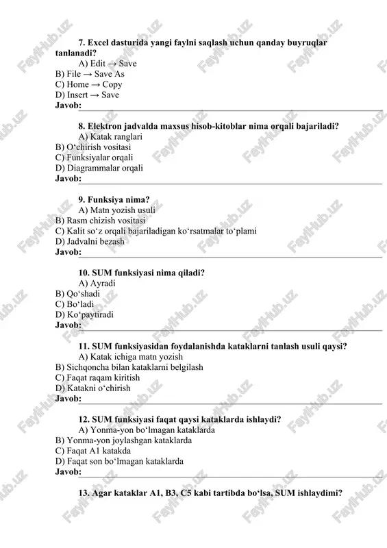 olish javob: b 15. c1 katakka =a1+b1 deb yozish qanday afzallikka ega? a) raqamlar rangini o‘zgartiradi b) katak qiymatlari o‘zgarsa, natija ham o‘zgaradi c) fayl hajmini kattalashtiradi d) jadvalni yopadi javob: b 16. formuladagi a1 va b1 kataklarni ko‘rsatishning eng qulay usuli? a) ularni qo‘lda yozish b) sichqoncha bilan bosish c) papka yaratish d) katakni o‘chirish javob: b 17. excelda bo‘lish amalining belgisi qaysi? a) * b) / c) + d) - javob: b 18. excelda ko‘paytirish belgisi qaysi? a) x b) * c) & d) # javob: b 19. elektron jadvalga mazmunli nom berishning maqsadi nima? a) faylni tez topish b) katak rangini almashtirish c) kompyuter tezligini oshirish d) sum funksiyasini ishga tushirish javob: a 20. formulada katak manzillaridan foydalanish nimani osonlashtiradi? a) rasm chizishni b) hisob-kitoblarni avtomatlashtirishni c) faylni chop etishni d) matn tahririni javob: b