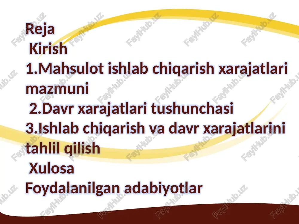 imkoniyatini beradi. ishlab chiqarish xarajatlarining tarkibi ishlab chiqarish xarajatlarining tarkibi korxonaning faoliyat turiga qarab farq qilishi mumkin, ammo umumiy holda ular moddiy va nomoddiy resurslarni sarflash bilan bog'liq. asosiy tarkibiy qismlar orasida xomashyo va materiallar, mehnat haqi, amortizatsiya, energiya va boshqa yordamchi xarajatlar mavjud. xomashyo va materiallar xarajatlarda eng katta ulushni egallaydi, chunki ular mahsulotni ishlab chiqarishning asosiy bazasini tashkil etadi. masalan, sanoat korxonalarida xomashyo narxi ishlab chiqarish xarajatlarining 50-70 foizini tashkil etishi mumkin, bu esa narxlar o'zgarishiga sezgirlikni keltirib chiqaradi.mehnat haqi tarkibiga ishchilarning maoshi, mukofotlar va ijtimoiy sug'urta to'lovlari kiradi. asosiy, qo‘shimcha va umumishlab chiqarish xarajatlari asosiy xarajatlar mahsulotni bevosita ishlab chiqarish bilan bog'liq bo'lib, ularsiz jarayon mumkin emas. bunga xomashyo, energiya va ishchilarning asosiy mehnat haqi kiradi. asosiy xarajatlar ishlab chiqarish samaradorligini belgilaydi va korxonaning texnologik darajasiga bog'liq. masalan, avtomatlashtirilgan liniyalar asosiy xarajatlarni kamaytirishi mumkin, ammo dastlabki xarajatlarni oshiradi.qo‘shimcha xarajatlar mahsulot sifatini yaxshilash va qo'shimcha jarayonlarni ta'minlash uchun …