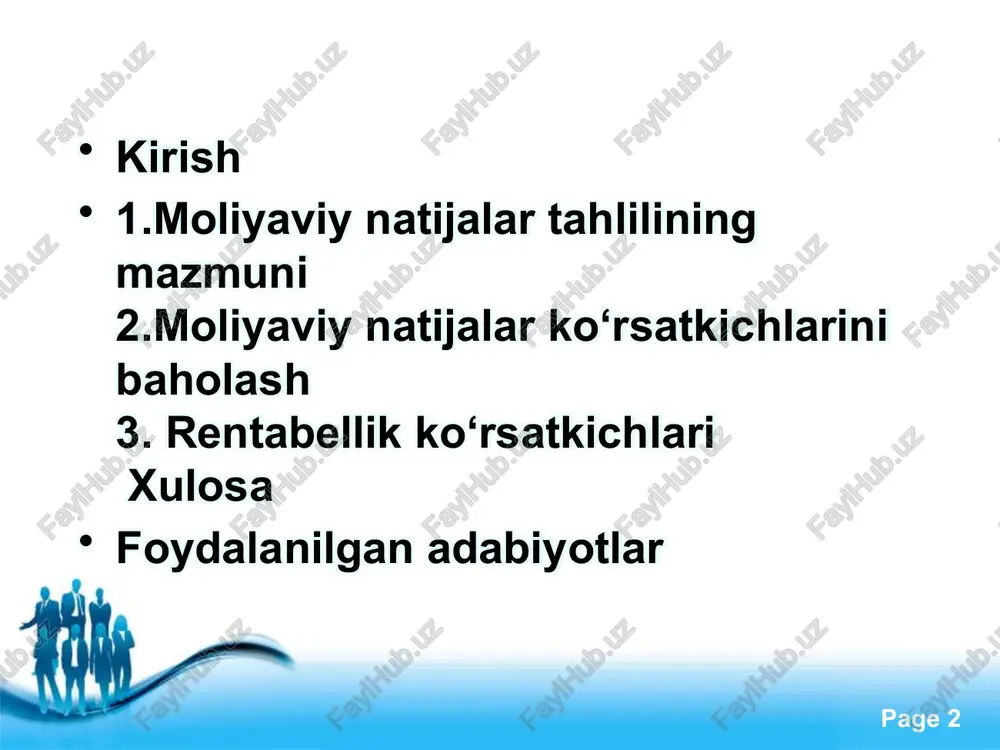 entabellik tahlili free powerpoint templates page ‹#› xarajatlar samaradorligini tahlil qilish daromad va xarajatlar tarkibi moliyaviy natijalarni shakllantiruvchi omillar moliyaviy natijalar tushunchasi moliyaviy natijalar tahlilining mazmuni moliyaviy natijalar ko‘rsatkichlarini baholash free powerpoint templates page ‹#› moliyaviy natijalar tushunchasi moliyaviy natijalar korxonaning faoliyati davomida erishgan iqtisodiy natijalarini ifodalaydi, bu asosan foyda yoki zararni o'z ichiga oladi. ushbu tushuncha korxonaning daromadlari va xarajatlarining farqi sifatida ta'riflanadi. moliyaviy natijalar korxonaning iqtisodiy samaradorligini ko'rsatuvchi asosiy indikator bo'lib, u korxonaning moliyaviy holatini baholashda markaziy o'rin tutadi. foyda korxonaning muvaffaqiyatini aks ettirsa, zarar esa muammolarni ko'rsatadi. moliyaviy natijalar tushunchasi quyidagi turlarga bo'linadi: yalpi foyda, operatsion foyda, sof foyda va boshqalar. yalpi foyda sotilgan mahsulotlar narxidan ishlab chiqarish xarajatlarini ayirish orqali hisoblanadi. operatsion foyda esa operatsion daromadlardan operatsion xarajatlarni ayirish natijasidir. free powerpoint templates page ‹#› daromad va xarajatlar tarkibi daromadlar korxonaning faoliyati davomida olingan mablag'lar bo'lib, ular asosiy va qo'shimcha daromadlarga bo'linadi. asosiy daromadlar mahsulotlar sotishdan, …