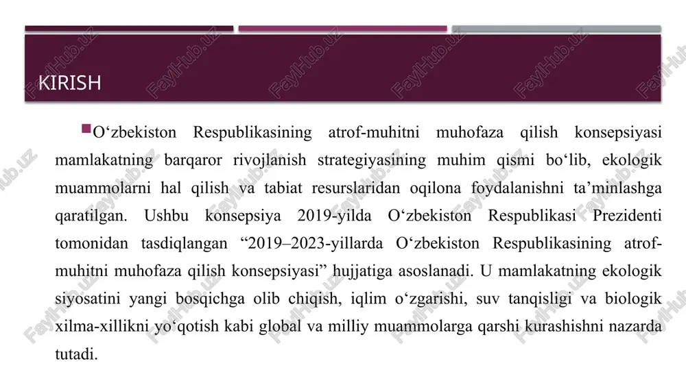 ni asrash. ekologik xavfsizlikni ta’minlash. ustuvor yo‘nalishlar resurslardan oqilona foydalanish. atrof-muhit sifatini yaxshilash. ekologik boshqaruv davlat va mahalliy organlar vazifalari. nazorat mexanizmlari. monitoring tizimi havo, suv, tuproq holatini kuzatish. chiqindilar ustidan nazorat. innovatsion yechimlar yashil iqtisodiyot. energiya tejamkor texnologiyalar. ekologik ta’lim aholi ekologik madaniyatini oshirish. yoshlar loyihalari. amaliy dasturlar hududiy ekologik loyihalar. davlat ekologik dasturlari. o‘zbekiston respublikasining atrof muhitni muhofaza qilish konsepsiyasi o‘zbekiston respublikasi prezidentining 2019-yil 30-oktabrdagi pf-5863-son farmoni bilan tasdiqlangan “2030-yilgacha bo‘lgan davrda o‘zbekiston respublikasining atrof muhitni muhofaza qilish konsepsiyasi” mamlakatning ekologik siyosatining asosiy hujjati hisoblanadi. ushbu hujjat o‘zbekiston respublikasi konstitutsiyasining 50 va 100-moddalariga asoslanib, tabiiy resurslarni – yer, yer osti boyliklari, suv, o‘simlik va hayvonot dunyosini umummilliy boylik sifatida e’tirof etib, ulardan oqilona foydalanish va davlat muhofazasini ta’minlashni belgilaydi. konsepsiya atrof muhitning sifatini yaxshilash, aholining hayoti va salomatligini himoya qilish, barqaror iqtisodiy o‘sishni ta’minlash orqali mamlakatning uzoq muddatli rivojlanish strategiyasini shakllantirishga xizmat qiladi. u global, mintaqaviy va milliy …