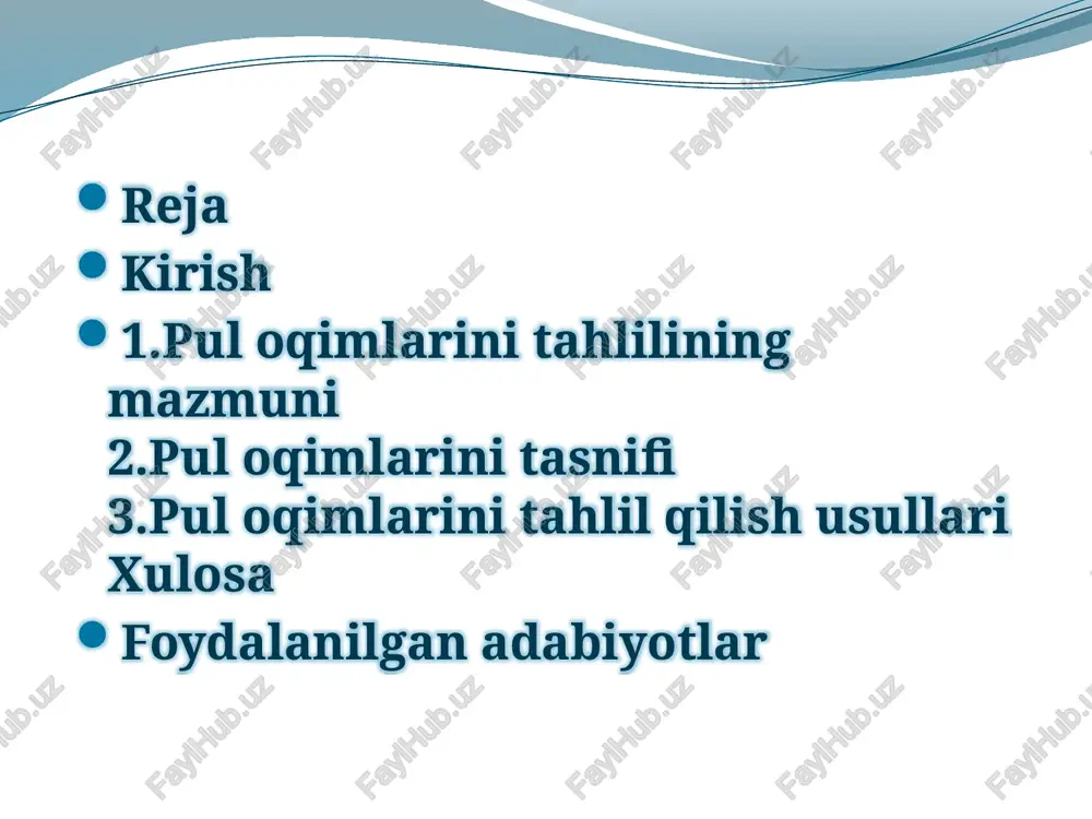 iyalarni o'z ichiga oladi. pul oqimlari tahlilining maqsadi va vazifalari pul oqimlari tahlilining maqsadi korxonaning pul mablag'larining harakatini baholash va uning moliyaviy barqarorligini ta'minlashdir. ushbu tahlil korxonaning pul oqimlarining hajmini, strukturasini va dinamikasini o'rganadi, bu esa moliyaviy qarorlar qabul qilishda asos bo'ladi. tahlil orqali korxona pul oqimlarining ijobiy yoki salbiy ekanligini aniqlaydi va bu korxonaning likvidligini baholashga yordam beradi. maqsad korxonaning moliyaviy xatarlarini kamaytirish va pul resurslarini samarali boshqarishni ta'minlashdir. korxona barqarorligida pul oqimlarining o‘rni korxona barqarorligida pul oqimlari markaziy o'rin tutadi, chunki ular korxonaning likvidligini va moliyaviy mustaqilligini ta'minlaydi. pul oqimlari korxonaning joriy majburiyatlarini bajarish qobiliyatini ko'rsatadi va bu korxonaning uzoq muddatli faoliyatini saqlab qolishga yordam beradi. ijobiy pul oqimlari korxonaning moliyaviy resurslarini ko'paytiradi va bu korxonaning investitsiyalarga yo'naltirilishi mumkin. salbiy pul oqimlari esa korxonaning moliyaviy inqiroziga olib kelishi mumkin, shuning uchun ularni o'z vaqtida tahlil qilish zarur. pul oqimlarini tasnifi pul oqimlari korxona faoliyatining moliyaviy holatini baholashda muhim …