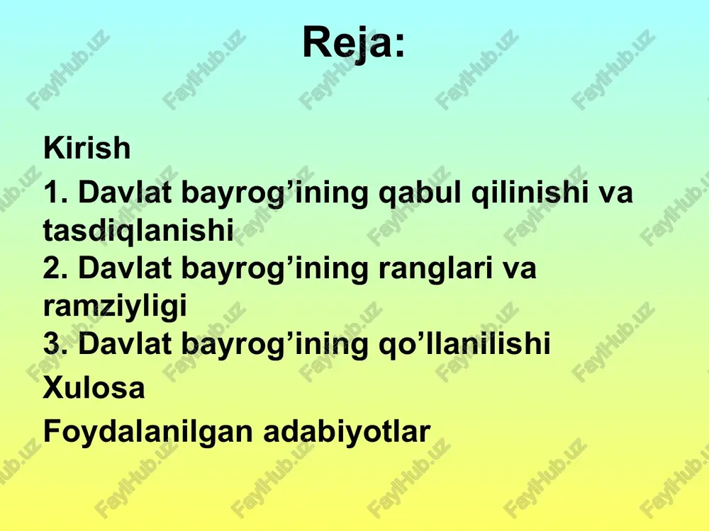 odalovchi yangi davlat bayrog’i zarur edi hilpirab tur bayrog’im! bayroqning qabul qilinishida milliy mustaqillikning ahamiyati davlat bayrog’ining qabul qilinishi o’zbekistonning milliy mustaqilligi va xalqning tarixiy o’zligini tiklash yo’lidagi muhim qadam edi. mustaqillikka erishish nafaqat siyosiy va iqtisodiy jihatdan, balki madaniy va ma’naviy jihatdan ham mamlakatning o’zligini tiklash jarayonini boshlab berdi.bayroqning ranglari va ramzlari mamlakatning qadimiy madaniy merosini, xalqning tinchlik va taraqqiyotga intilishini, mustaqillik g’oyalarini aks ettiradi. moviy rang: tinchlik va osmonning ramzi oq rang: poklik va halollik yashil rang: yangilanish va tabiat qizil chiziqlar: hayotning davomiyligi yulduzlar va yarim oy: qadimiy madaniyat va islom madaniyati rang ranglar sxemasi koʻk qizil yashil oq cmyk 100-15-0-29 0-96-84-19 87-0-70-29 0-0-0-0 hex #009ab6 #cf0921 #18b637 #ffffff rgb 0-154-182 207-9-33 24-182-55 255-255-255 davlat bayrog’ining hurmat qilinishi va unga nisbatan munosabat davlat bayrog’ini hurmat qilish har bir fuqaroning burchi hisoblanadi. bayroq davlatning mustaqilligi, suvereniteti va xalqning milliy g’ururini ifodalovchi eng muhim ramzlardan biridir. o’zbekiston qonunchiligiga ko’ra, …