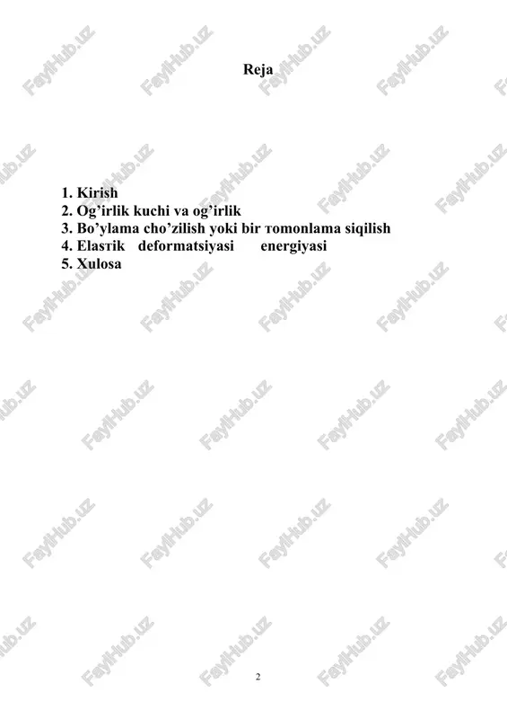 – chizma 1a - chizma sterjenning deformatsiyasini xarakterlash uchun uning uzunligining nisbiy o’zgarishishini e  l l deb olish qulay (1) materialdan yasalgan sterjenlar uchun elastik deformatsiya vaqtidagi nisbiy uzayish sterjen ko’ndalang kesimi yuzi birligiga to’g’ri keluvchi kuchga proporsional bo’ladi. e   f s (2) kuchlanish deyiladi. f   s (3). agarda kuch sirtga o’tkazilgan me’yor bo’ylab yo’nalsa, kuchlanish (  ) me’yoriy kuchlanish deyiladi. agar kuch sirtga o’tkazilgan o’rinma bo’ylab yo’nalsa, kuchlanish ( ) tangensial kuchlanish deyiladi. (3) va (2) dan quyidagi tenglama hosil bo’ladi.     (4) materialning elastik xossalarini xarakterlash uchun  bir katorda unga teskari bo’lgan e  1  kattalik ishlatiladi. bu kattalik yung moduli, deb ataladi. (4) dan  ni ye bilan almashtirsak:    e hosil bo’ladi (5) (1) va (5) ni hisobga olib, (3) ni quyidagicha yozamiz. f    s  e    …
