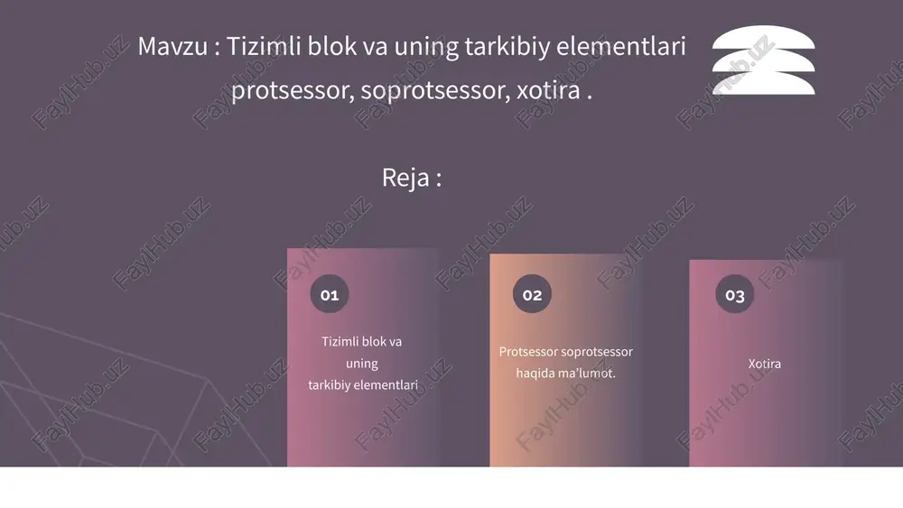 hisoblash, mantiqiy va boshqaruv amallarini bajaradi. u dasturdagi buyruqlarni ketma-ket o‘qiydi, ularni bajaradi va natijani saqlaydi yoki chiqaradi. 🔹 protsessorning asosiy vazifalari: 1. ma’lumotlarni qayta ishlash — arifmetik va mantiqiy amallarni bajaradi (qo‘shish, ayirish, solishtirish va h.k.). 2. dasturlarni boshqarish — kompyuterda bajarilayotgan barcha amallarni muvofiqlashtiradi. 3. ma’lumot almashish — xotira va tashqi qurilmalar bilan axborot almashadi. 4. buyruqlarni dekodlash — dasturdagi kodlarni tushunadi va bajarishga tayyorlaydi. 🔹 protsessorning asosiy qismlari: 1. alu (arithmetic logic unit) — arifmetik va mantiqiy amallarni bajaradi. masalan: +, -, and, or, not va h.k. 2. cu (control unit) — boshqaruv qurilmasi, u protsessor ishini tartibga soladi. 3. registrlar — juda tezkor xotira bo‘lib, ma’lumotlarni vaqtincha saqlaydi. 4. kesh-xotira (cache) — tezkor xotira turi, tez-tez ishlatiladigan ma’lumotlarni saqlaydi. 5. soat generatori (clock) — protsessorning ishlash tezligini belgilaydi (ghz bilan o‘lchanadi). ⚙️ protsessorning ishlash tezligi: o‘lchov birligi: gigagerts (ghz) masalan: 3.5 ghz – bu sekundiga 3,5 …