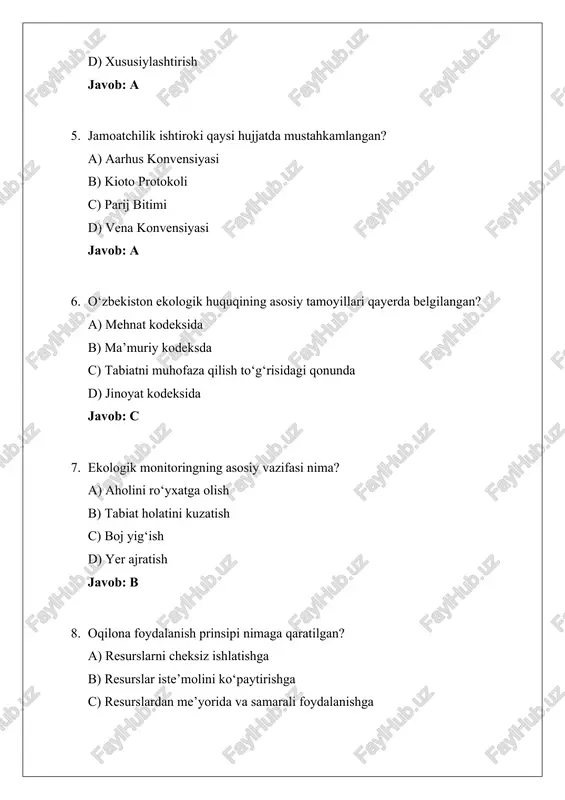 tartibga soladi? a) soliq tizimini b) atrof-muhitni muhofaza qilishni c) tibbiy xizmatni d) madaniyatni javob: b 2. barqaror rivojlanishning asosiy mohiyati? a) faqat iqtisodiy yutuqlarni oshirish b) tabiiy resurslarni tugatish c) ekologiya, iqtisod va jamiyat uyg‘unligi d) aholi zichligini pasaytirish javob: c 3. “ifloslantiruvchi to‘laydi” tamoyili qaysi sohada qo‘llanadi? a) transport yengilliklari b) ekologik zarar kompensatsiyasi c) kredit ajratish d) yer soliqlari javob: b 4. oldini olish prinsipi qaysi vazifaga ega? a) zarar yetgandan keyin to‘lash b) zararni sodir bo‘lishidan oldin choralar ko‘rish c) jazo qo‘llash d) chiqindilarni yig‘ish javob: b 5. ekologik ekspertiza nimani ta’minlaydi? a) qarzlarni undirishni b) loyihalarning ekologik ta’sirini baholashni c) ishchilarni ro‘yxatdan o‘tkazishni d) aholi hisobini javob: b 6. jamoatchilik ishtiroki qaysi jarayonda muhim? a) kredit ajratishda b) ekologik qarorlar qabul qilishda c) mahalliy soliqlarni belgilashda d) tibbiyot xizmatlari ko‘rsatishda javob: b 7. ekologik monitoring natijalari qayerda qo‘llanadi? a) reklama yaratishda b) ekologik siyosatni shakllantirishda …